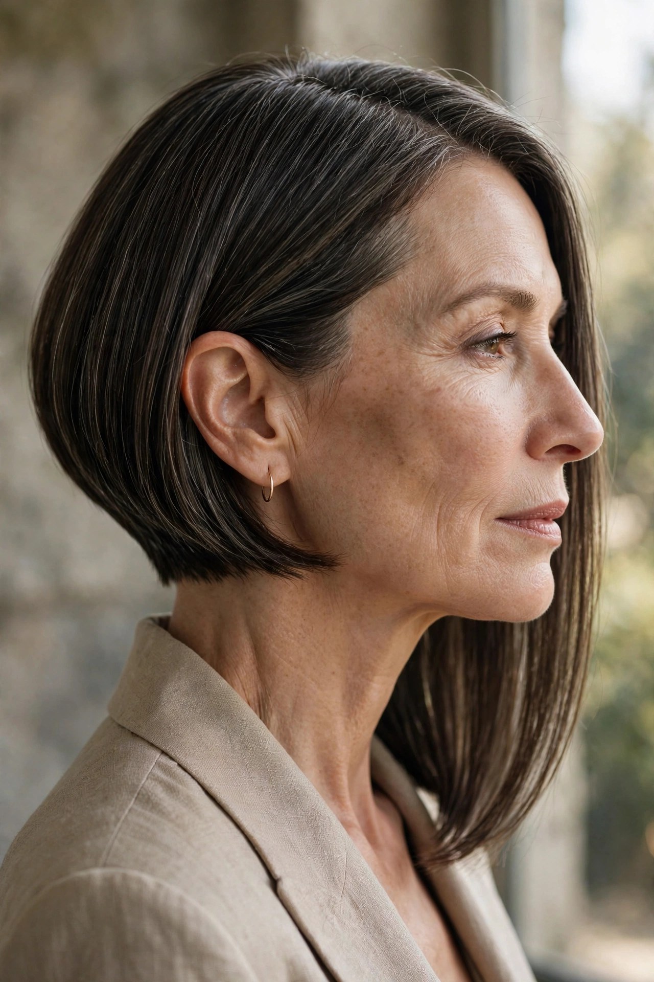 Asymmetric short bob, one side longer, on a woman in her 50s
