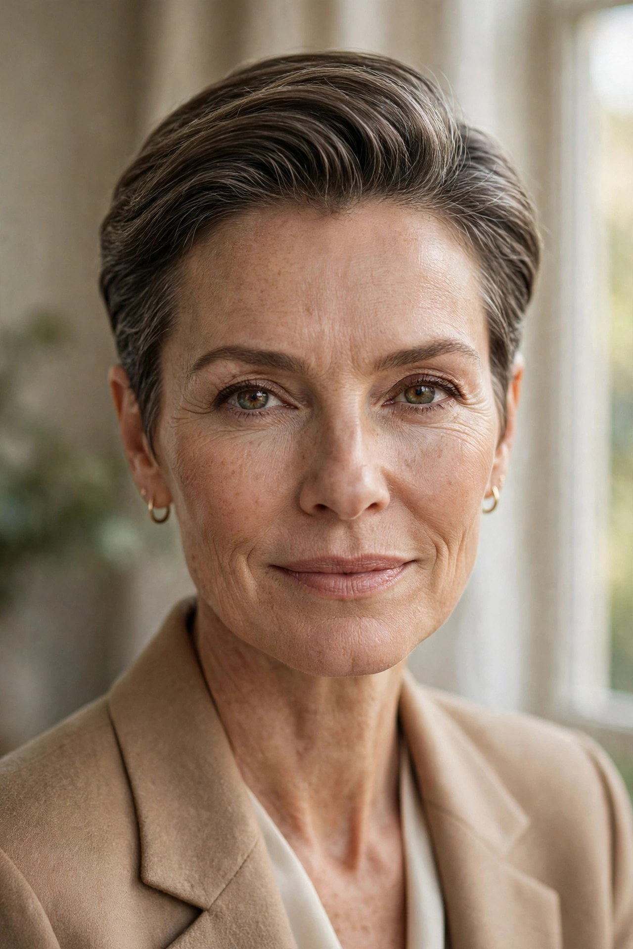 Swept-back pixie haircut showing the forehead on a woman in her 50s
