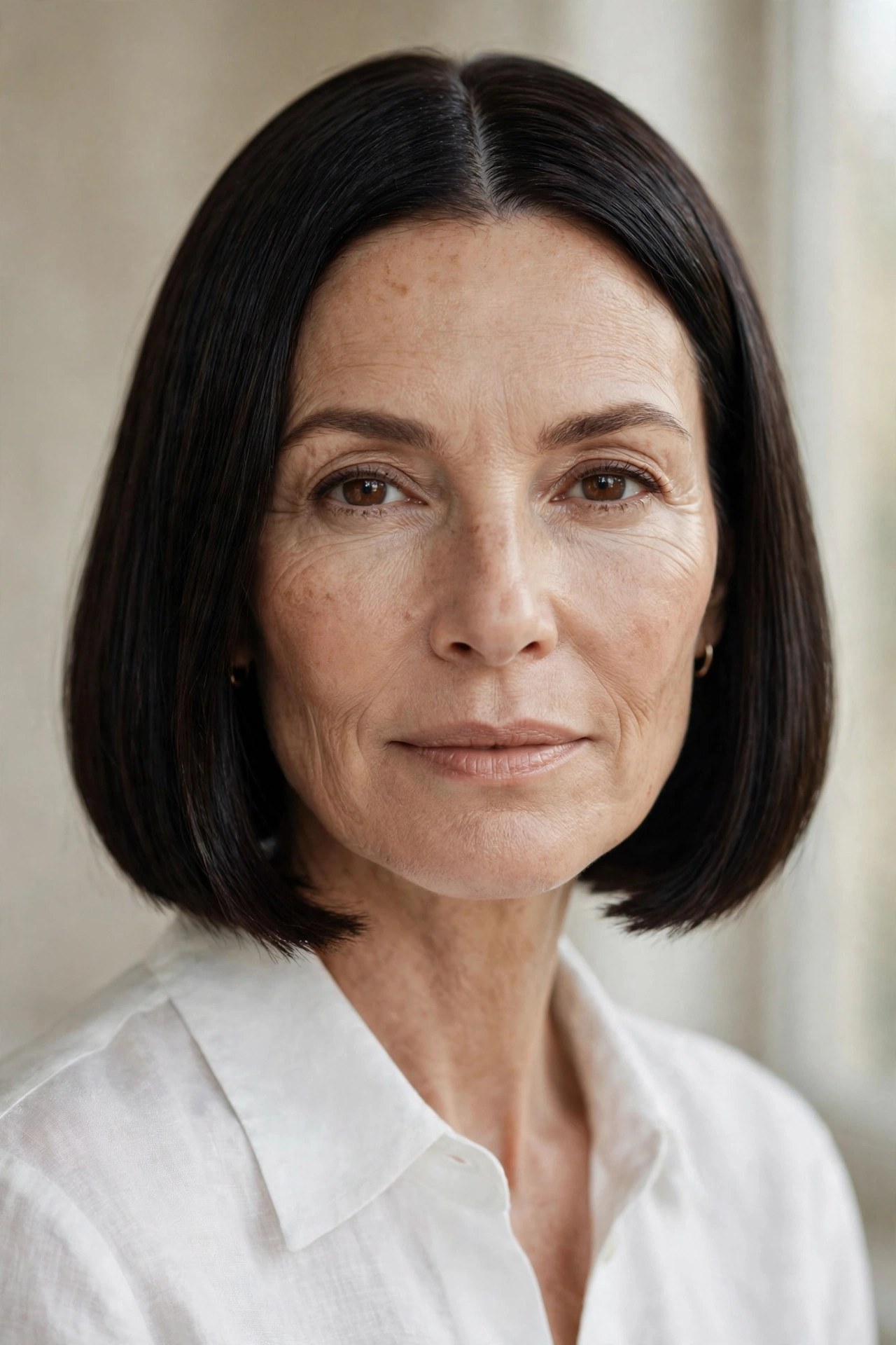 Chin-grazing blunt bob with a middle part on a woman in her 50s