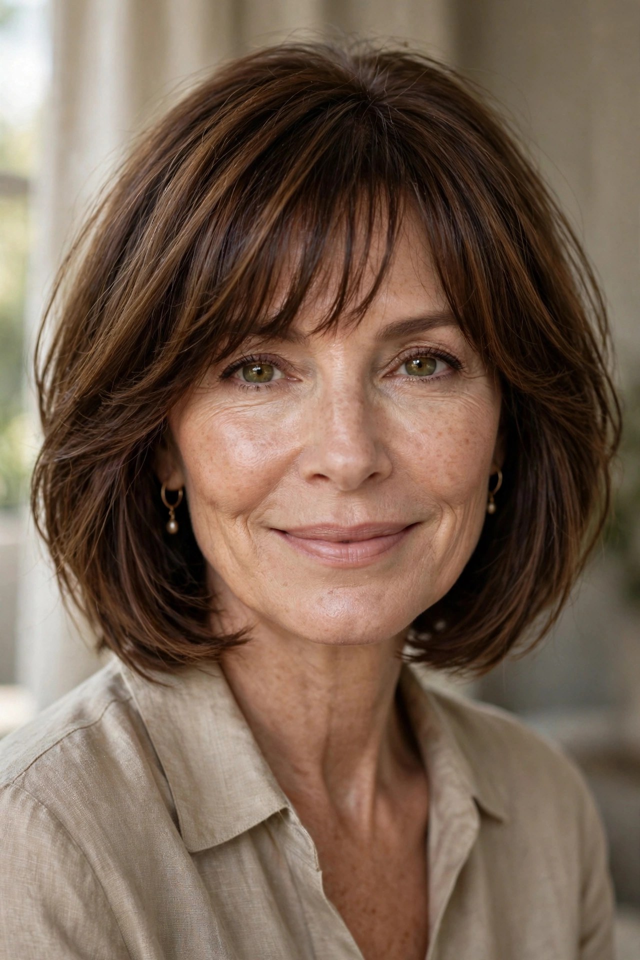 Layered bob with wispy fringe bangs on a woman in her 50s