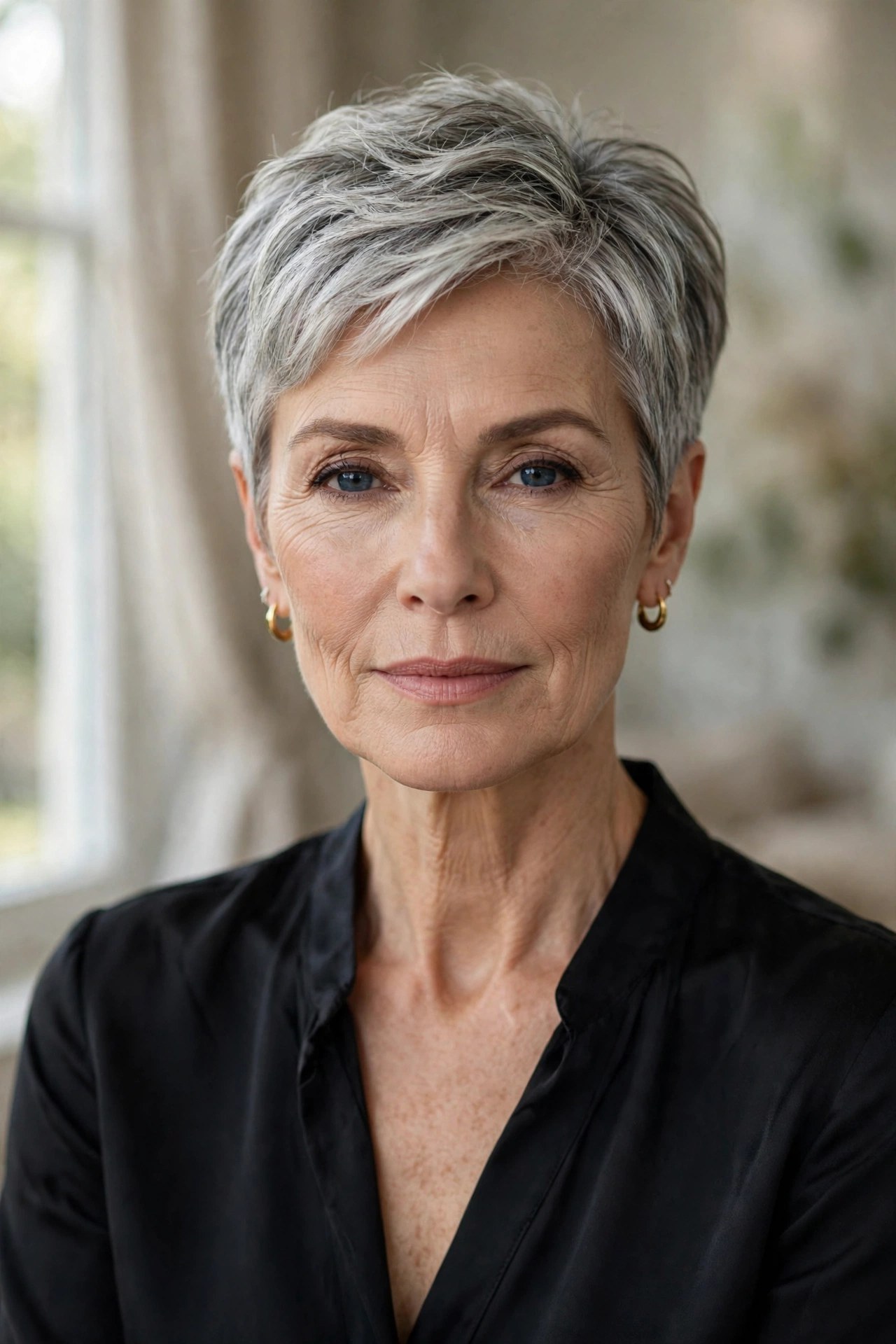 Tapered pixie with a neat neckline on a silver-haired woman in her 50s