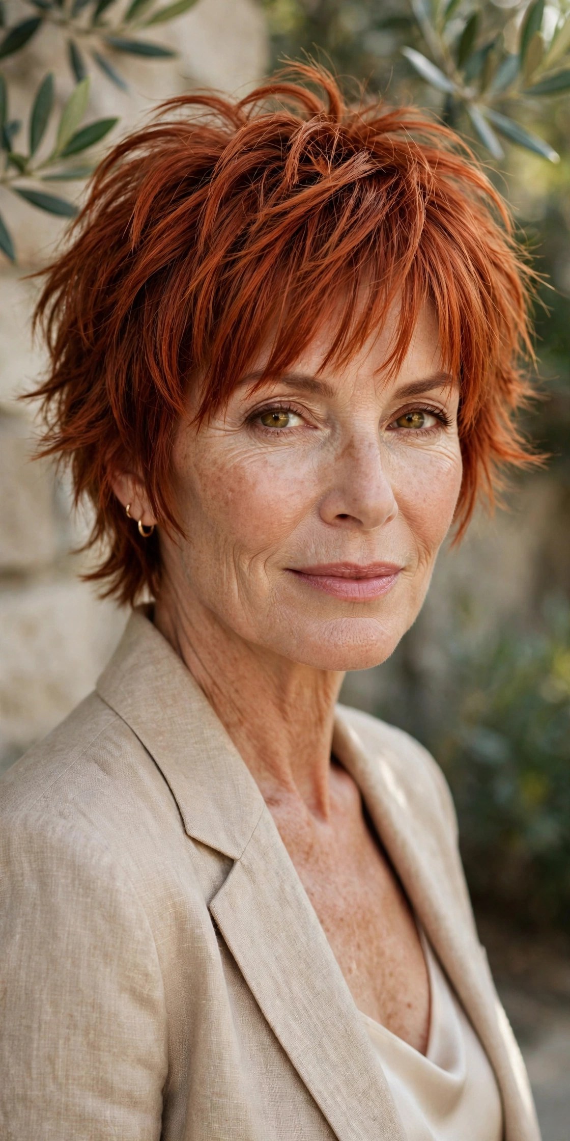 Short shaggy bixie with curtain fringe, copper hair, on a woman in her 50s