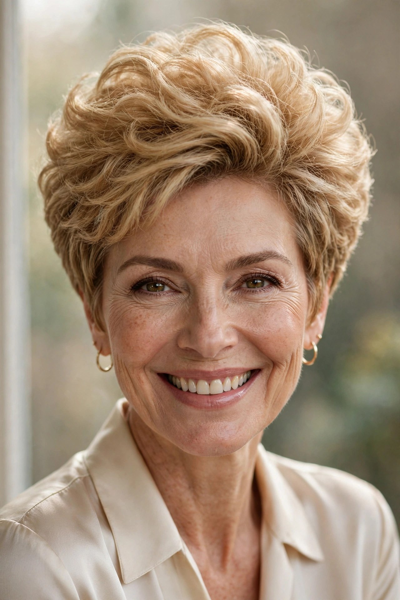 Voluminous short haircut with full crown on a woman in her 50s