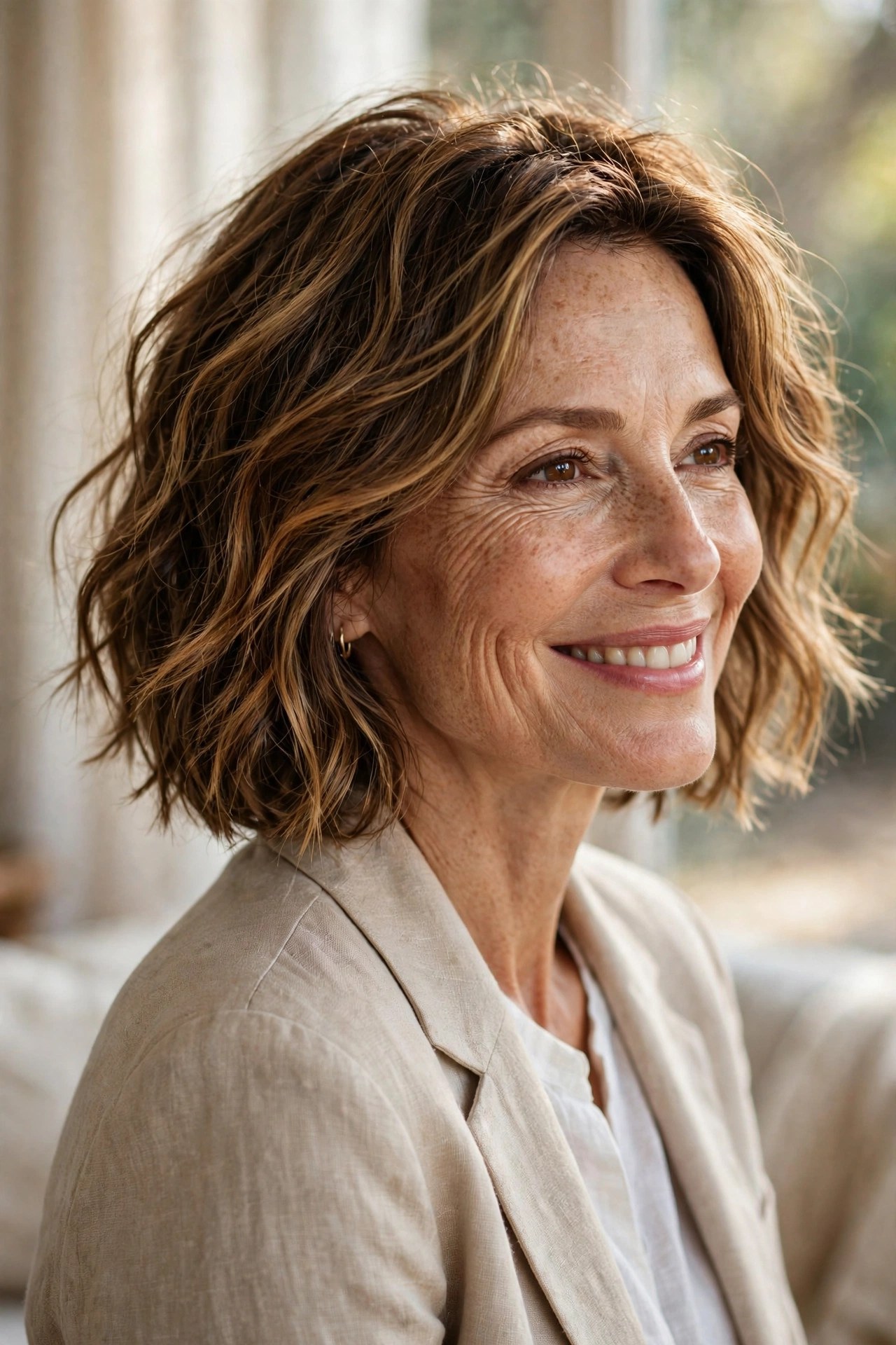 Chin-length bob with loose natural waves and caramel highlights