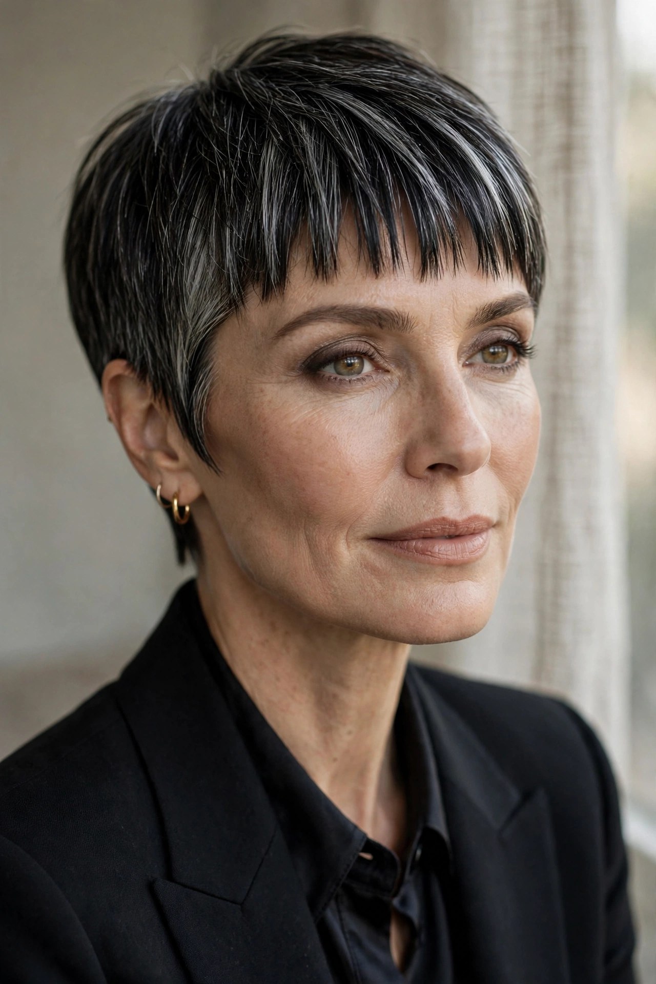 Cropped pixie with short micro fringe on a woman in her 50s