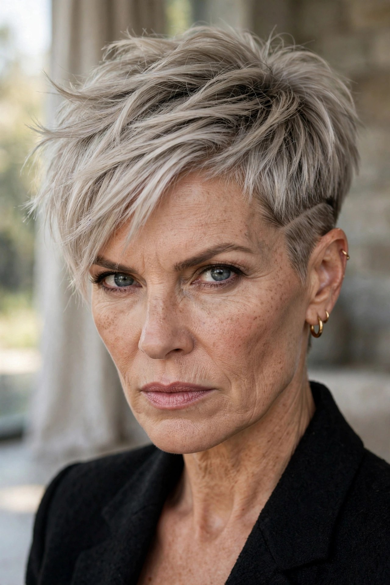 Edgy pixie with subtle undercut detail on a woman in her 50s