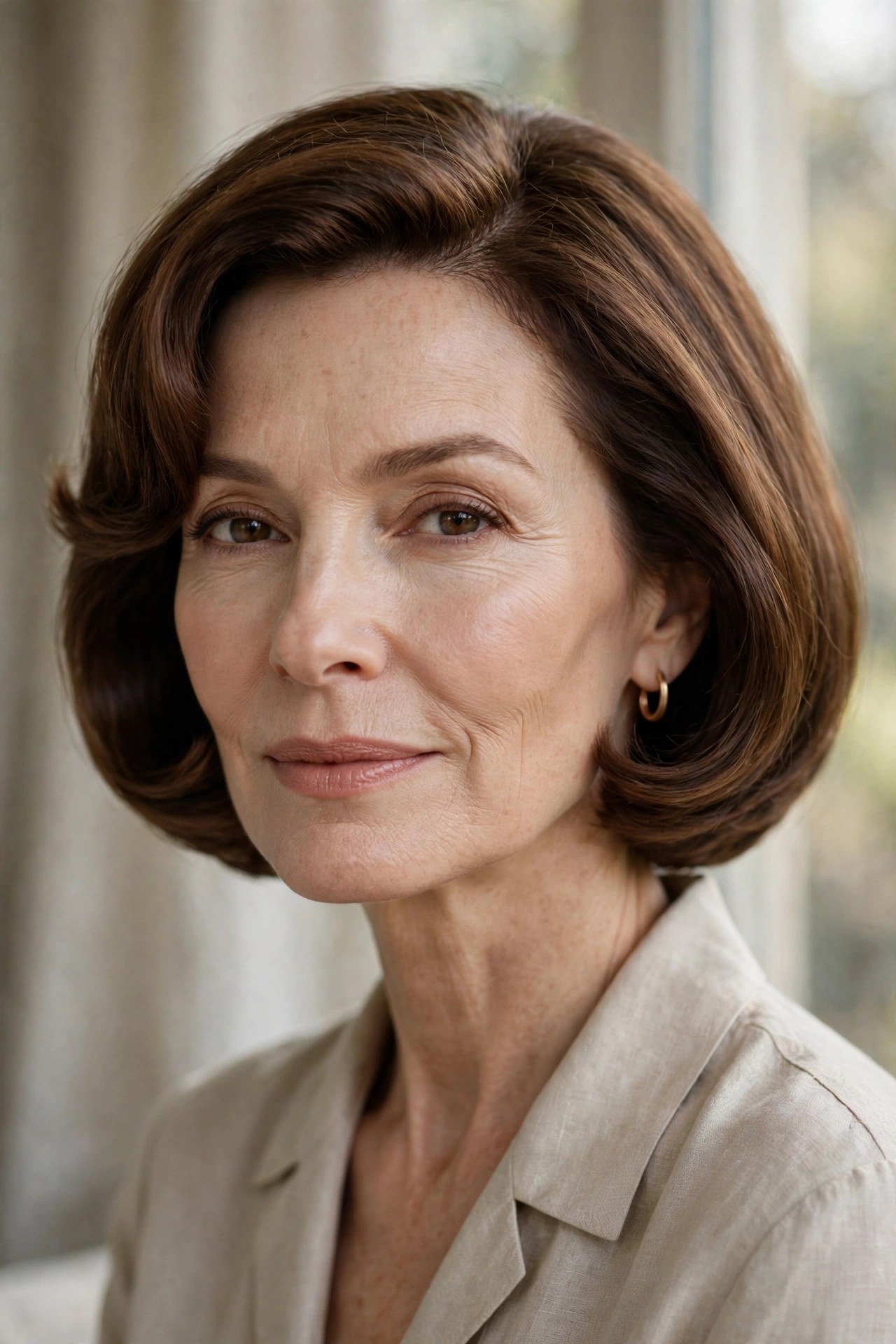 Rounded pageboy haircut with modern soft edge on a woman in her 50s