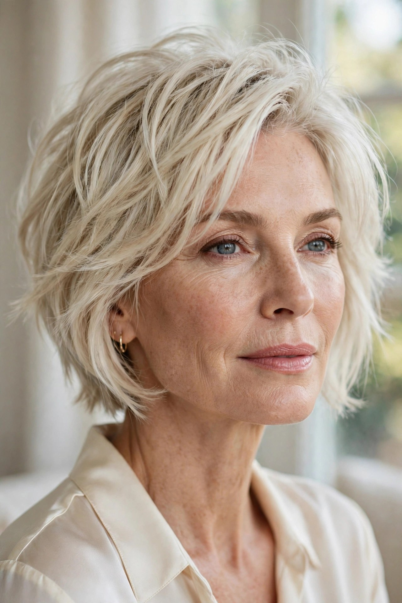 Platinum bixie with face-framing layers on a woman in her 50s