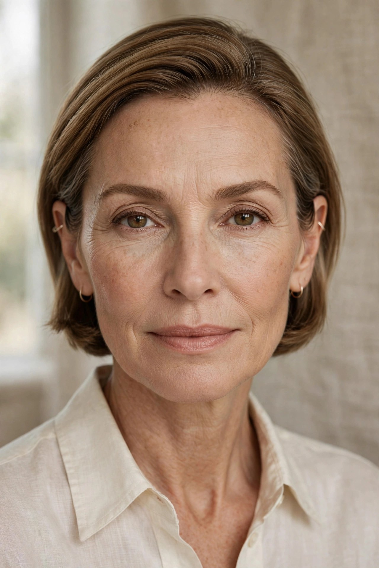 Short bob tucked behind the ears on a woman in her 50s