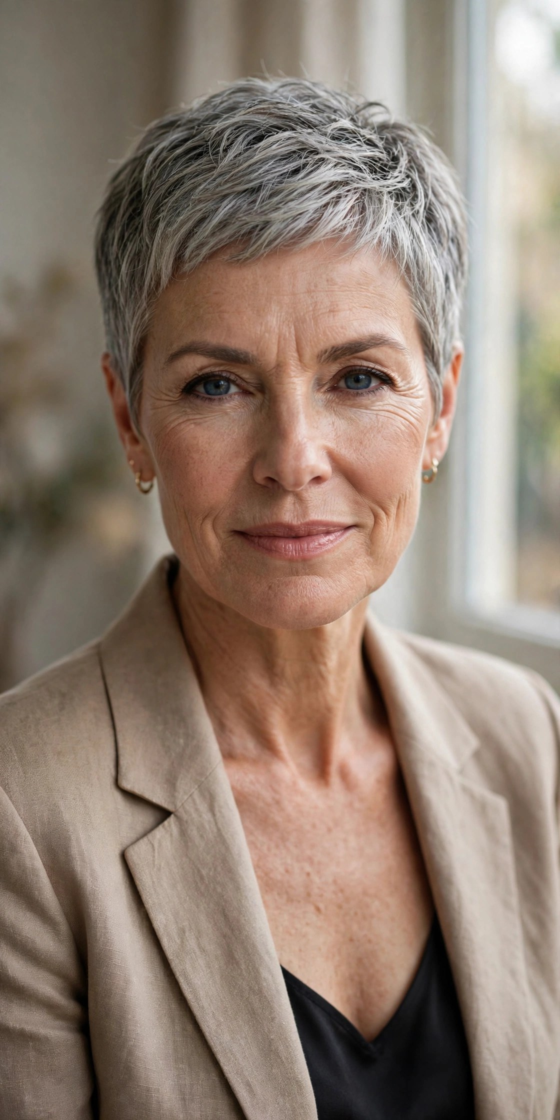 Confident gray crop on a woman in her 50s, natural silver texture