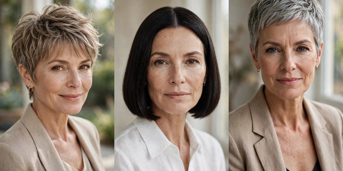 19 short hairstyles for women over 50 collage: feathered pixie, blunt bob, and gray crop