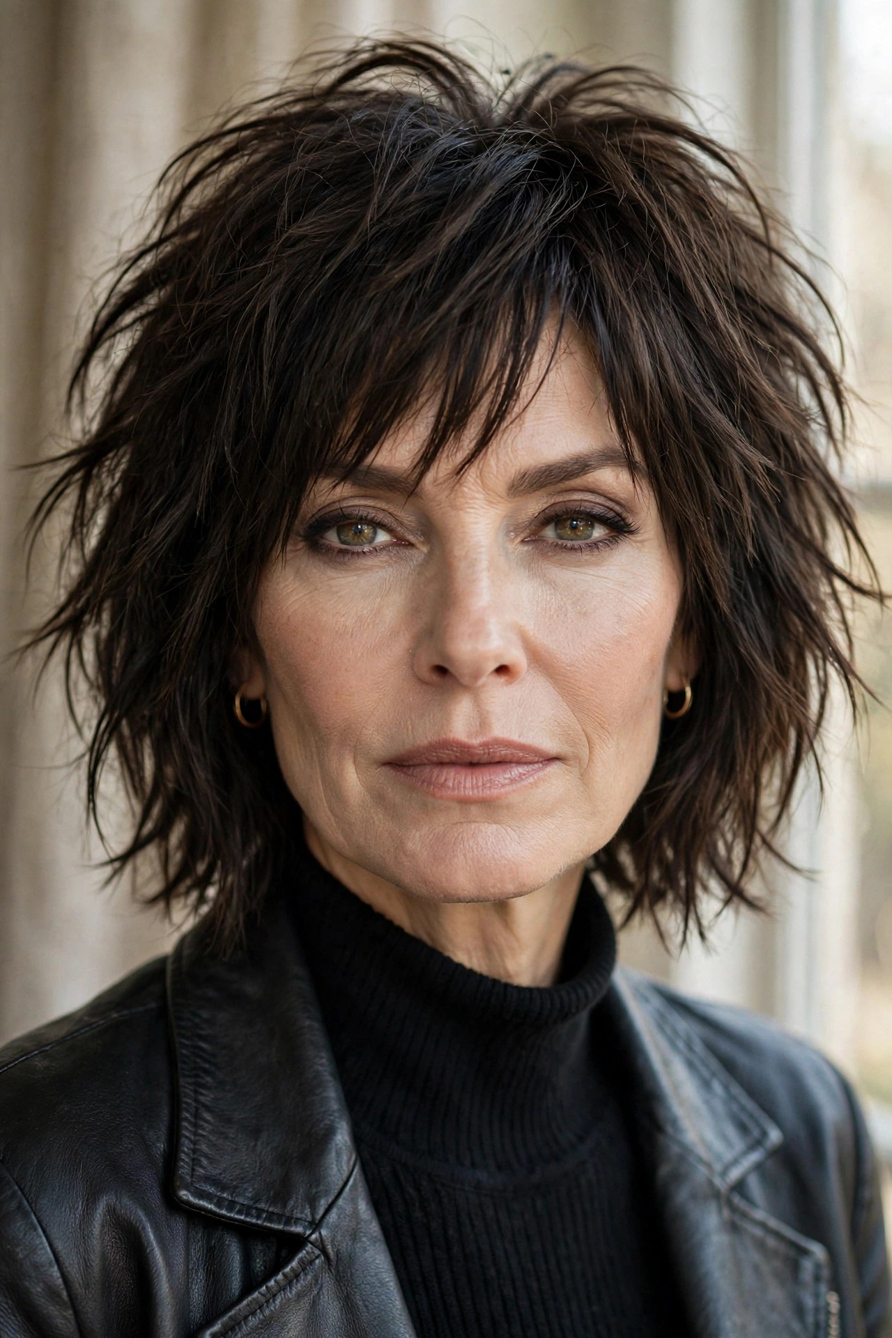 Edgy rocker shaggy bob in dark brown