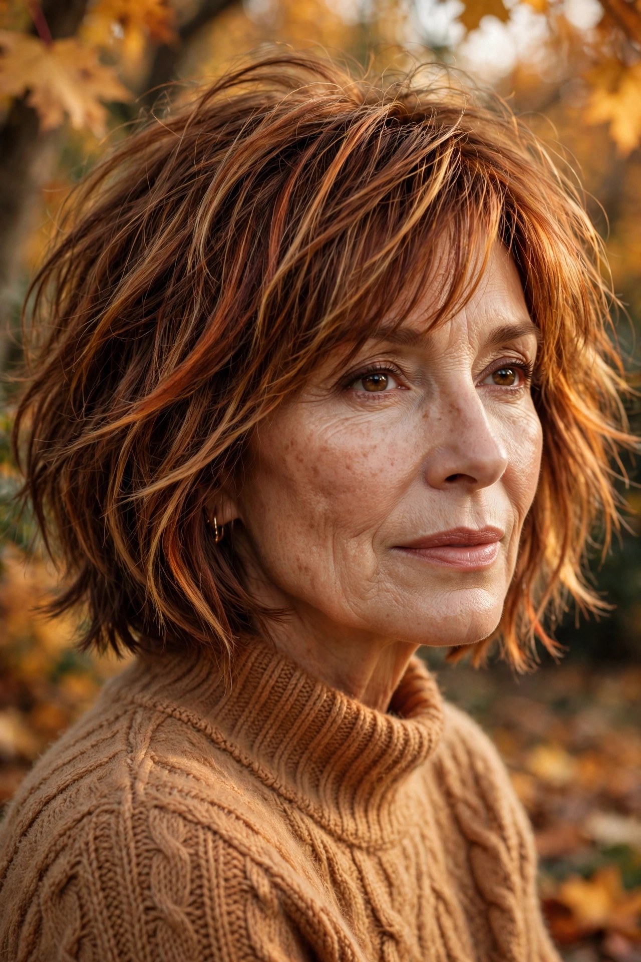 Shaggy bob in warm autumnal chestnut copper tones