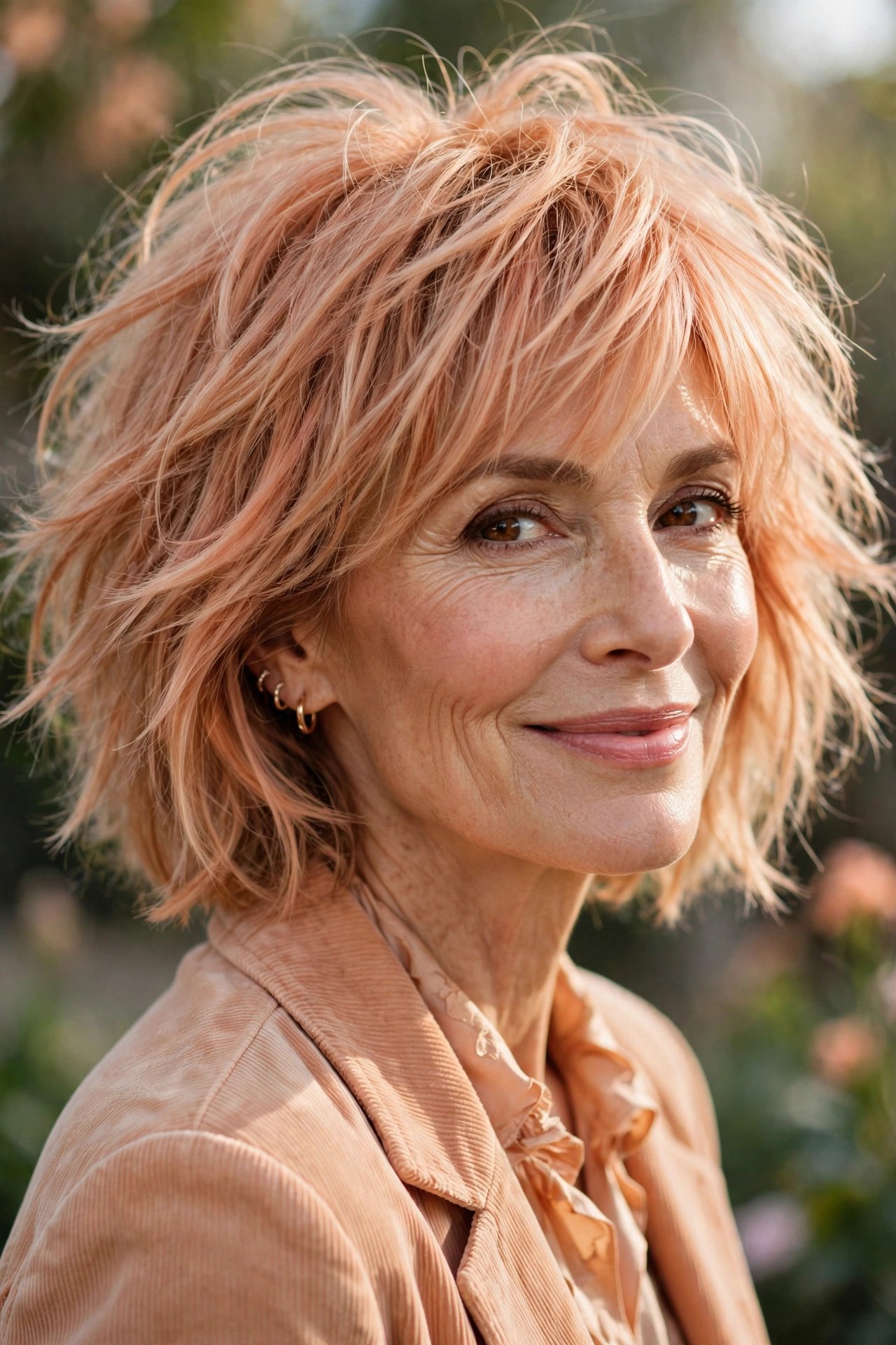 Peachy shaggy bob with apricot tones