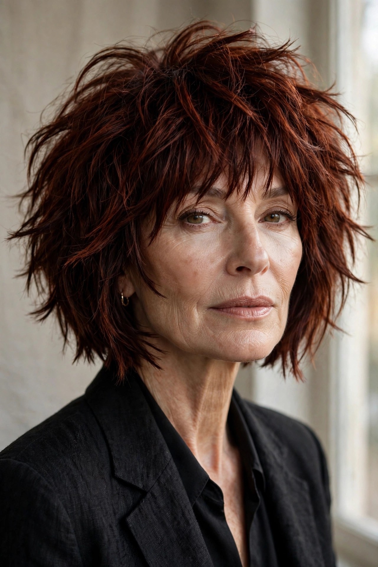 Dramatic deep auburn shaggy bob