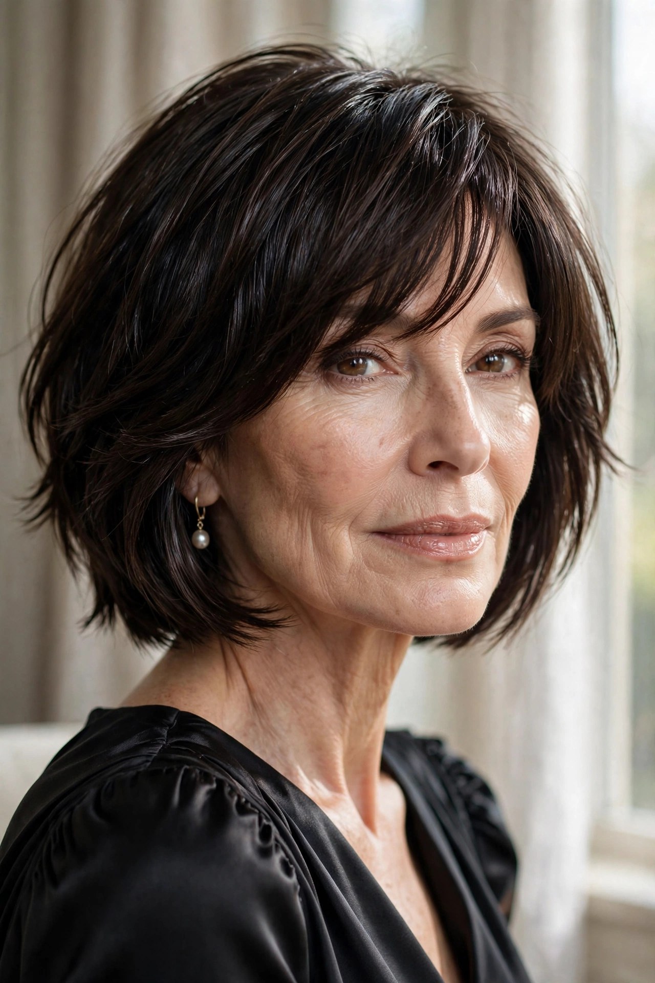 Polished dark brunette shaggy bob with gloss