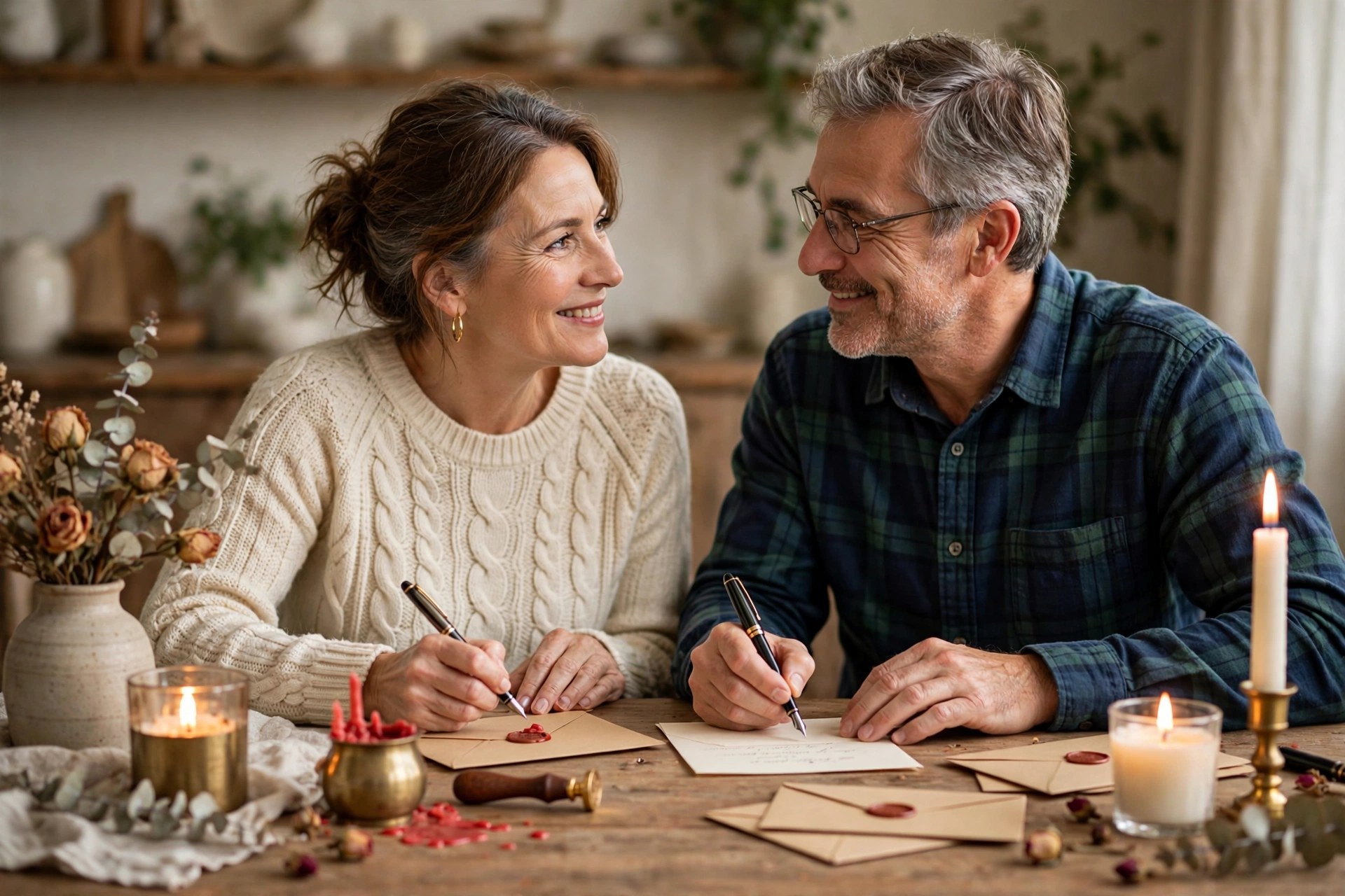 Mature married couple writing sealed love letters with candles