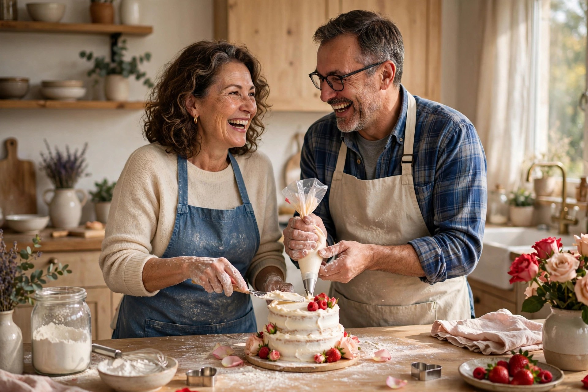 Mature married couple re-baking a mini wedding cake together