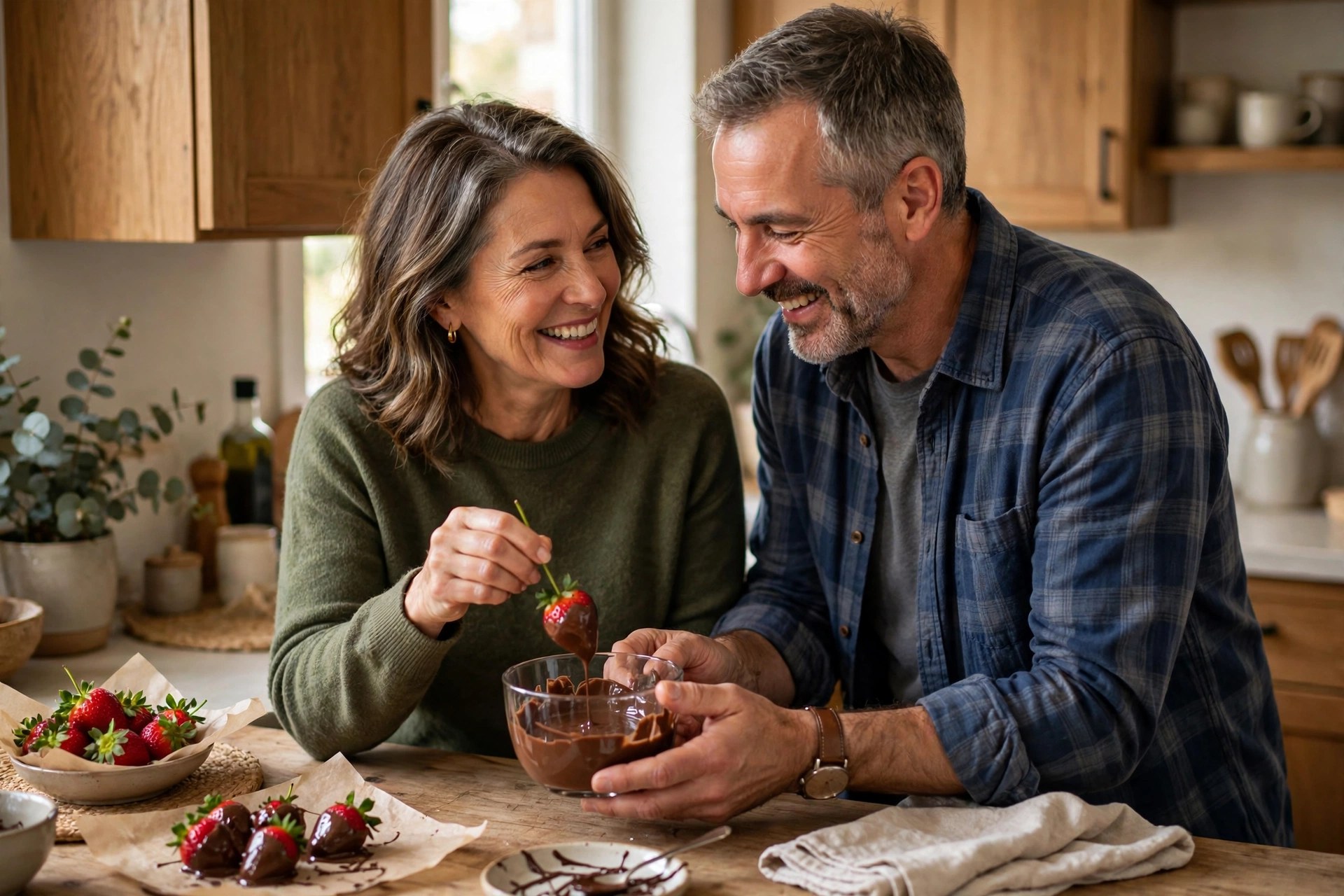 Mature married couple making chocolate-covered strawberries