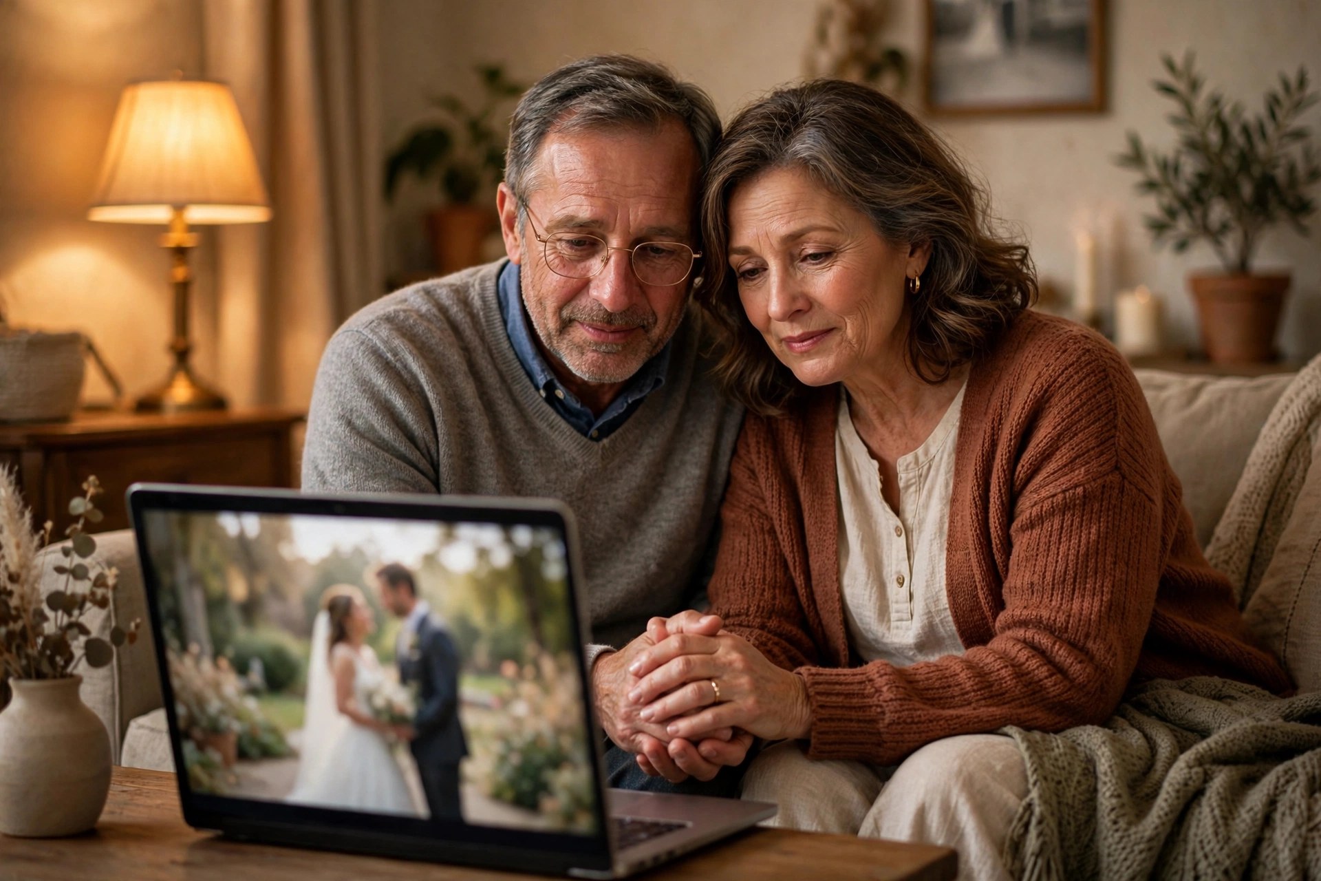 Mature married couple watching their wedding video on a couch