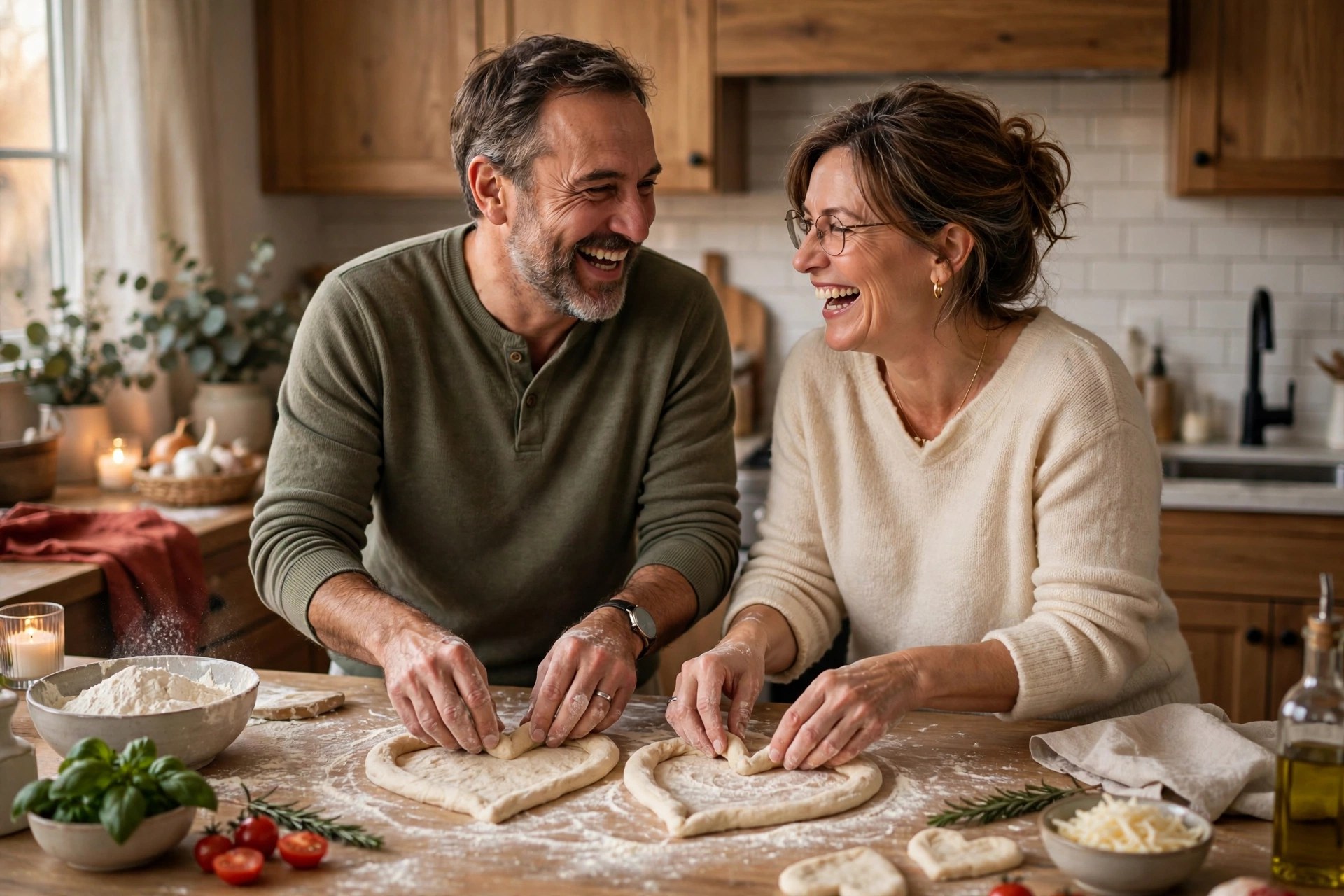 Mature married couple making heart-shaped pizzas together