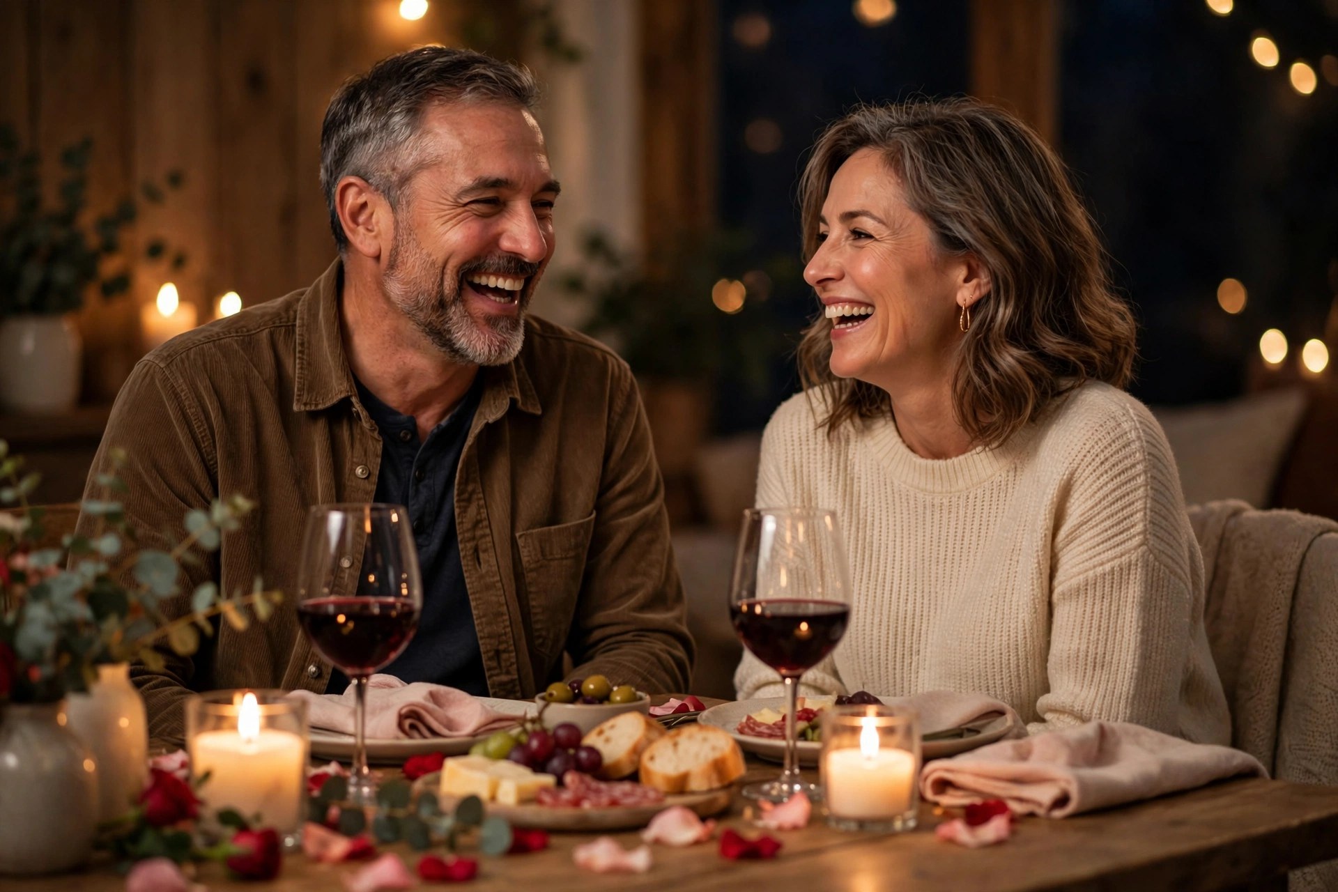 Mature married couple sharing wine and stories at a candlelit table