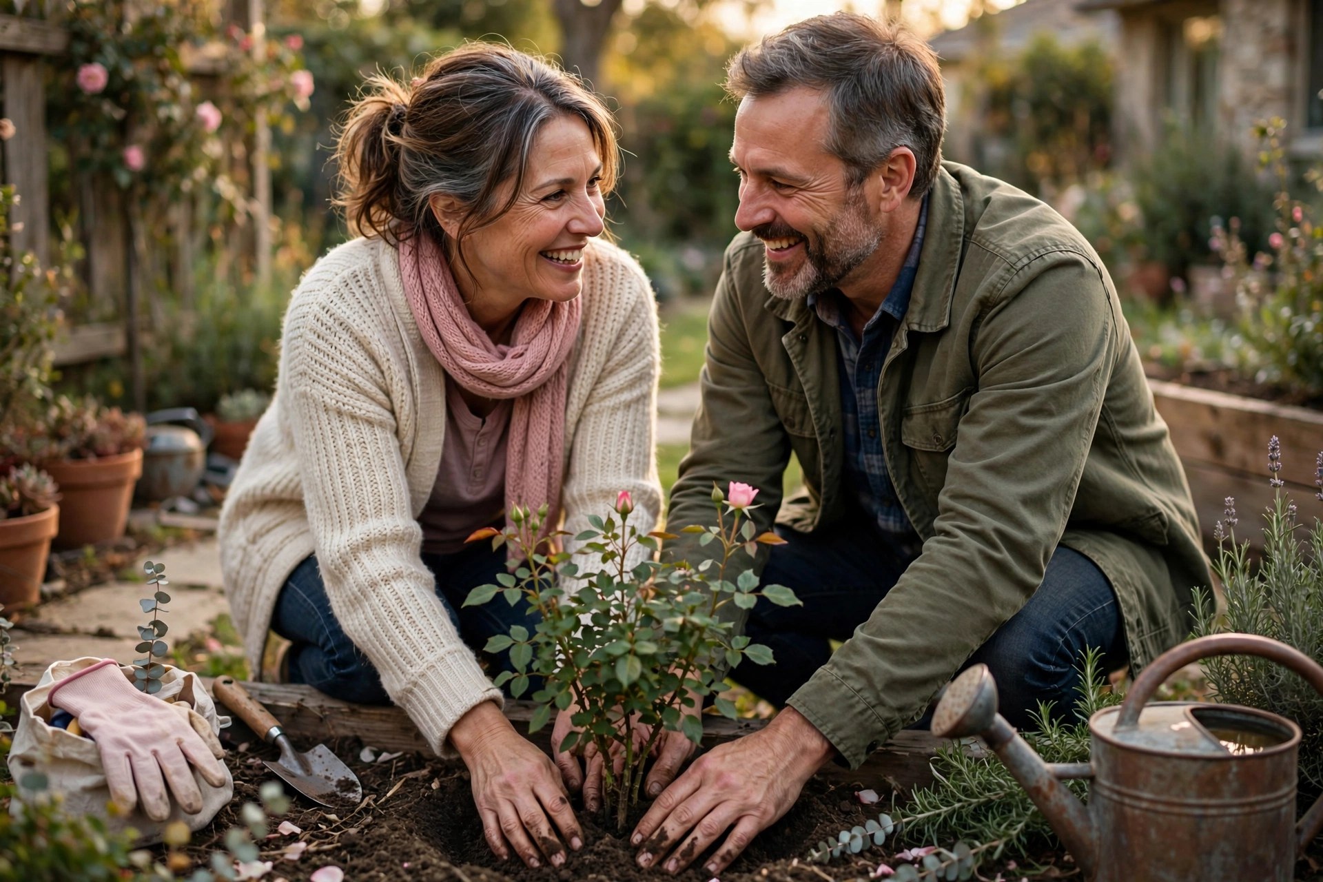 Mature married couple planting a rose bush together in their garden