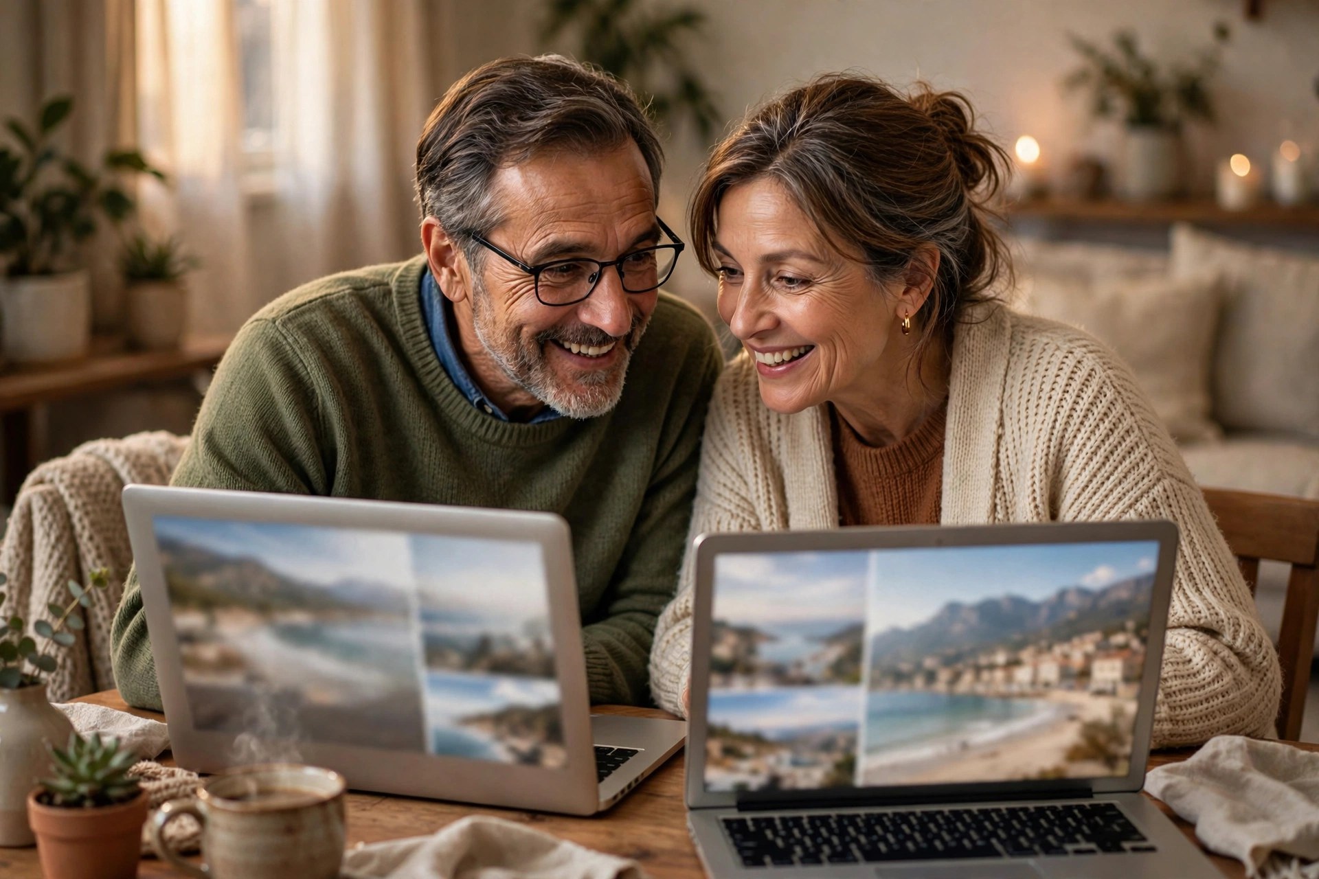 Mature married couple secretly planning surprise getaways on laptops