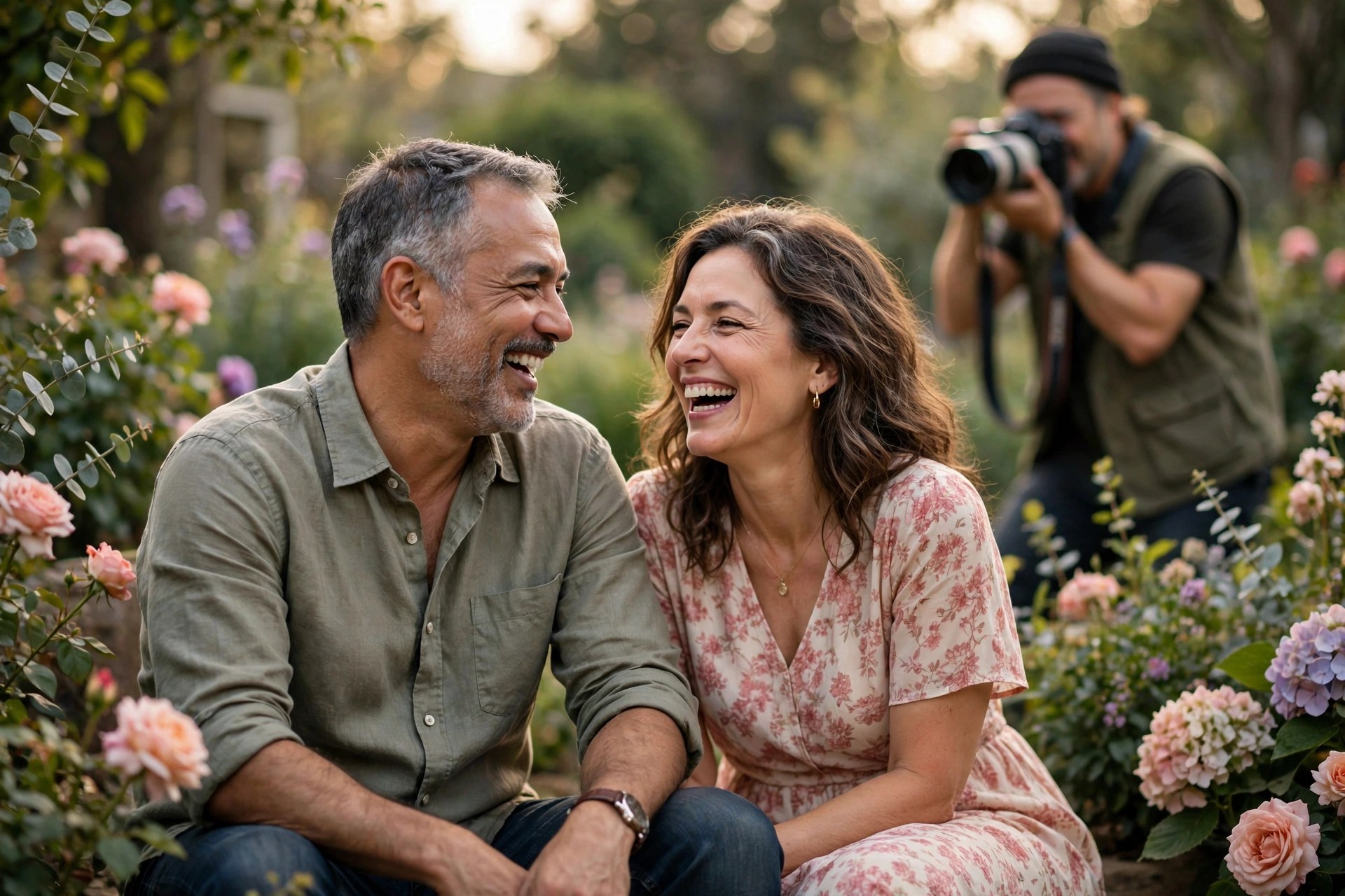 Mature married couple laughing during a garden photo session
