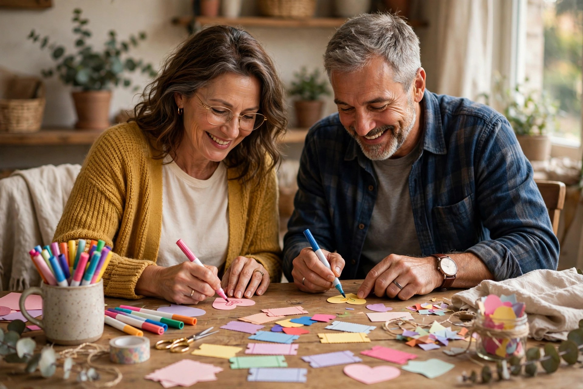 Mature married couple making handmade love coupons at a table