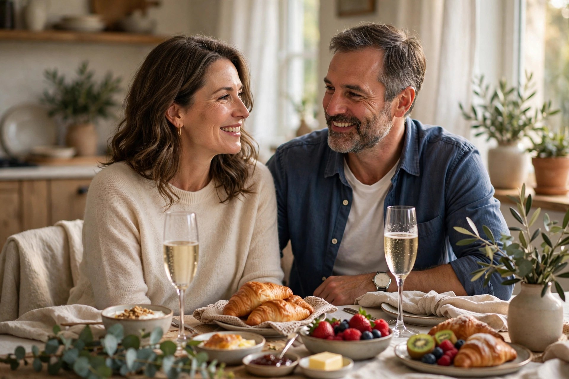 Mature married couple having a champagne brunch at home