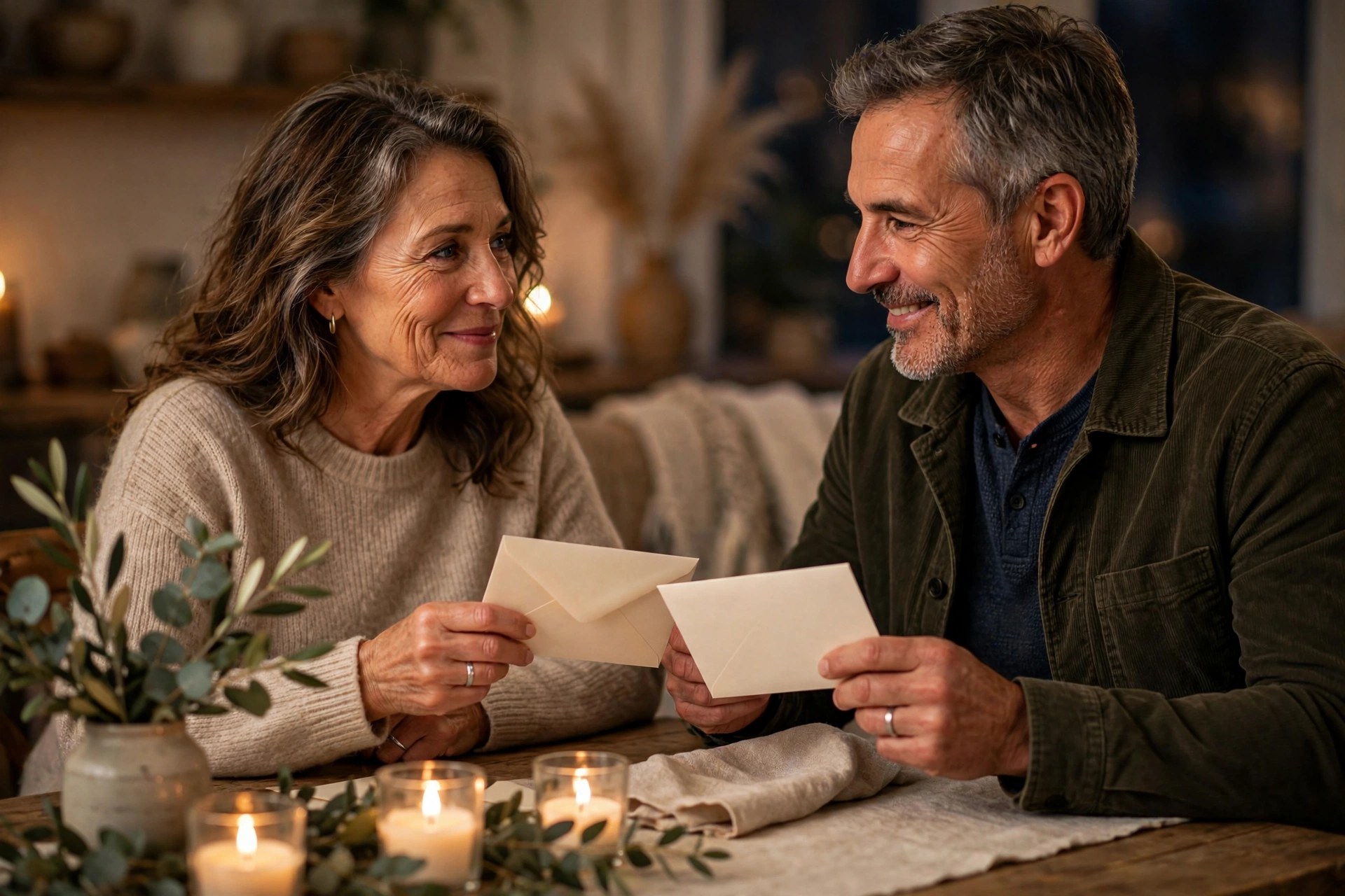 Mature married couple exchanging handwritten one-page love stories