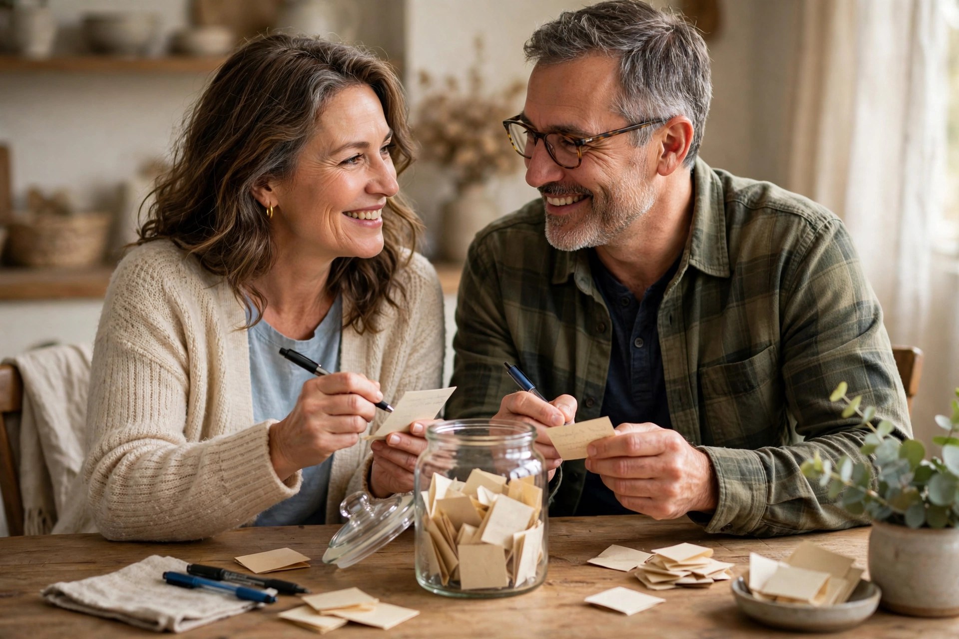 Mature married couple writing reasons-I-love-you notes into a jar