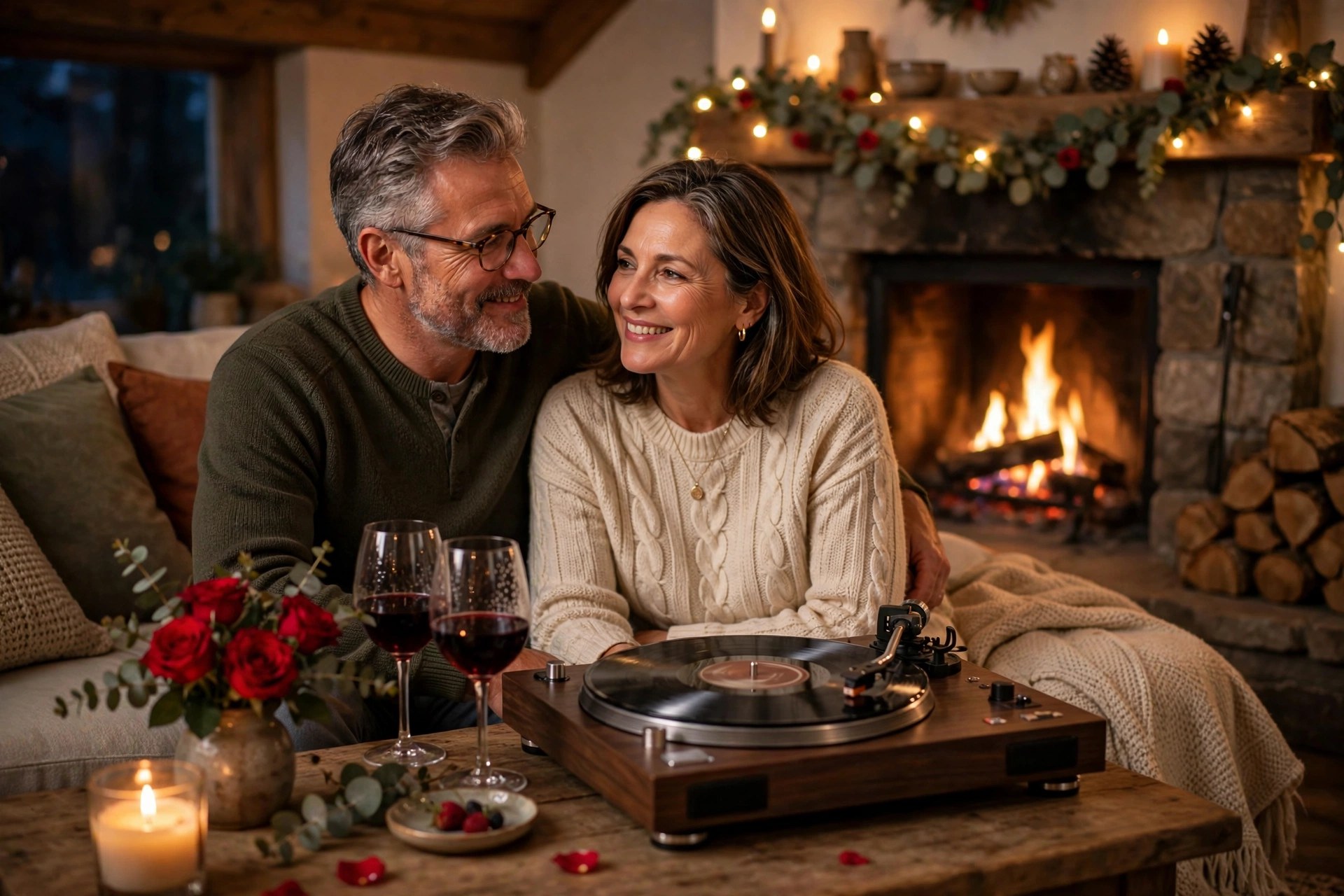 Mature married couple by a fireplace listening to love songs