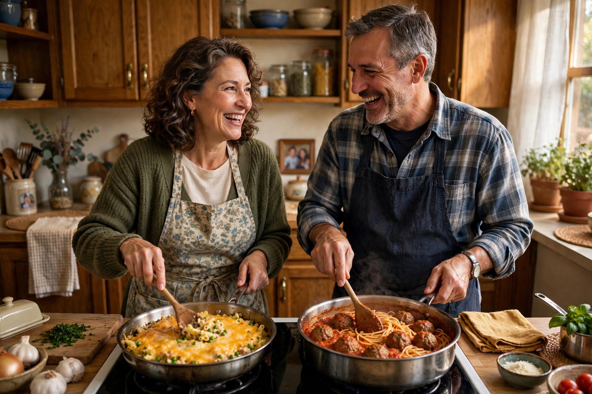 Mature married couple cooking childhood favorite meals together
