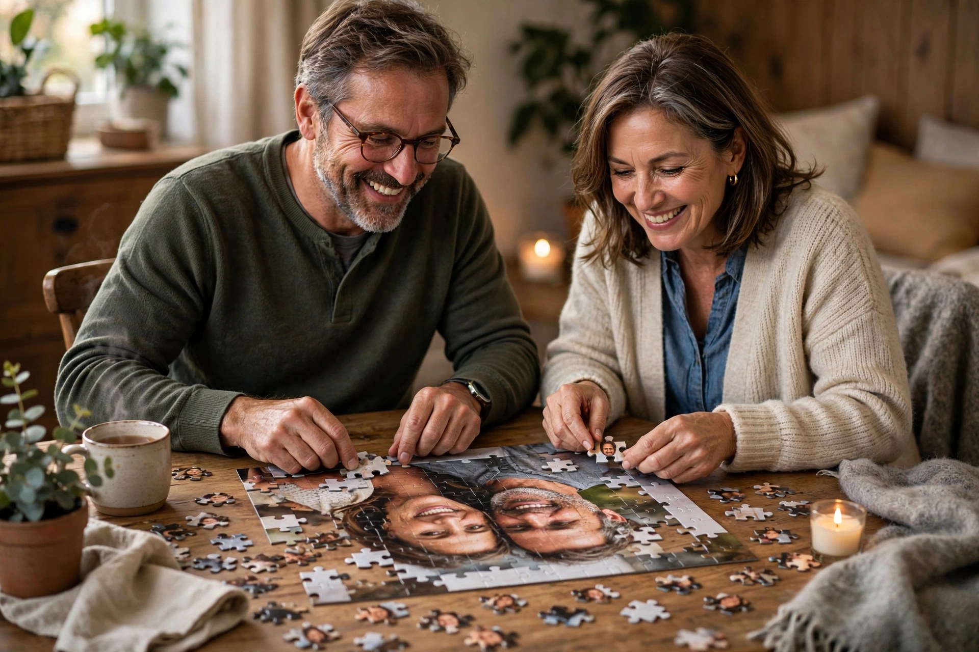 Mature married couple assembling a custom photo puzzle