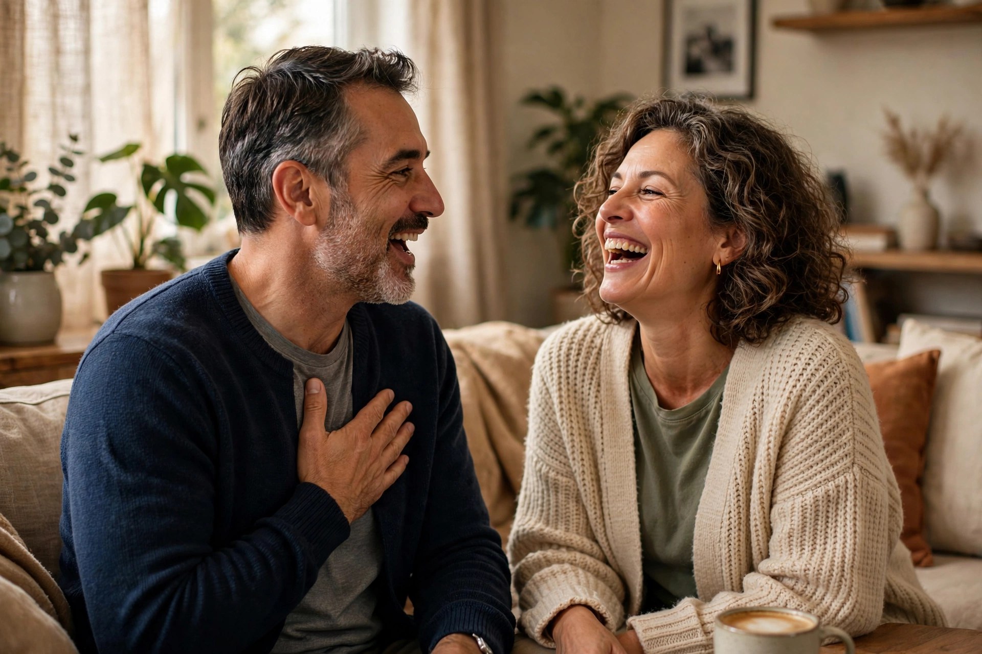 Mature married couple in a playful compliment duel at home
