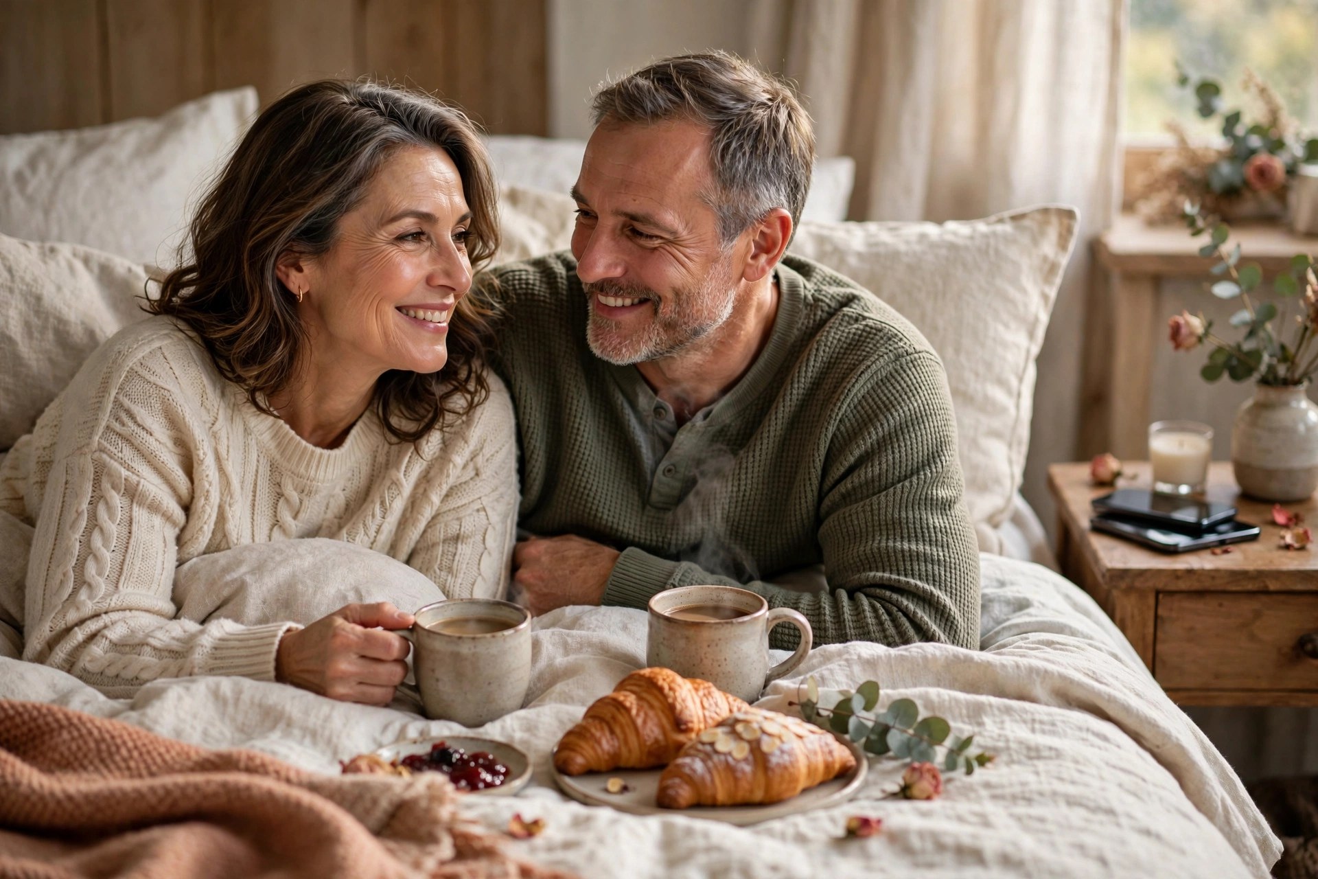 Mature married couple having a slow phone-free morning in bed