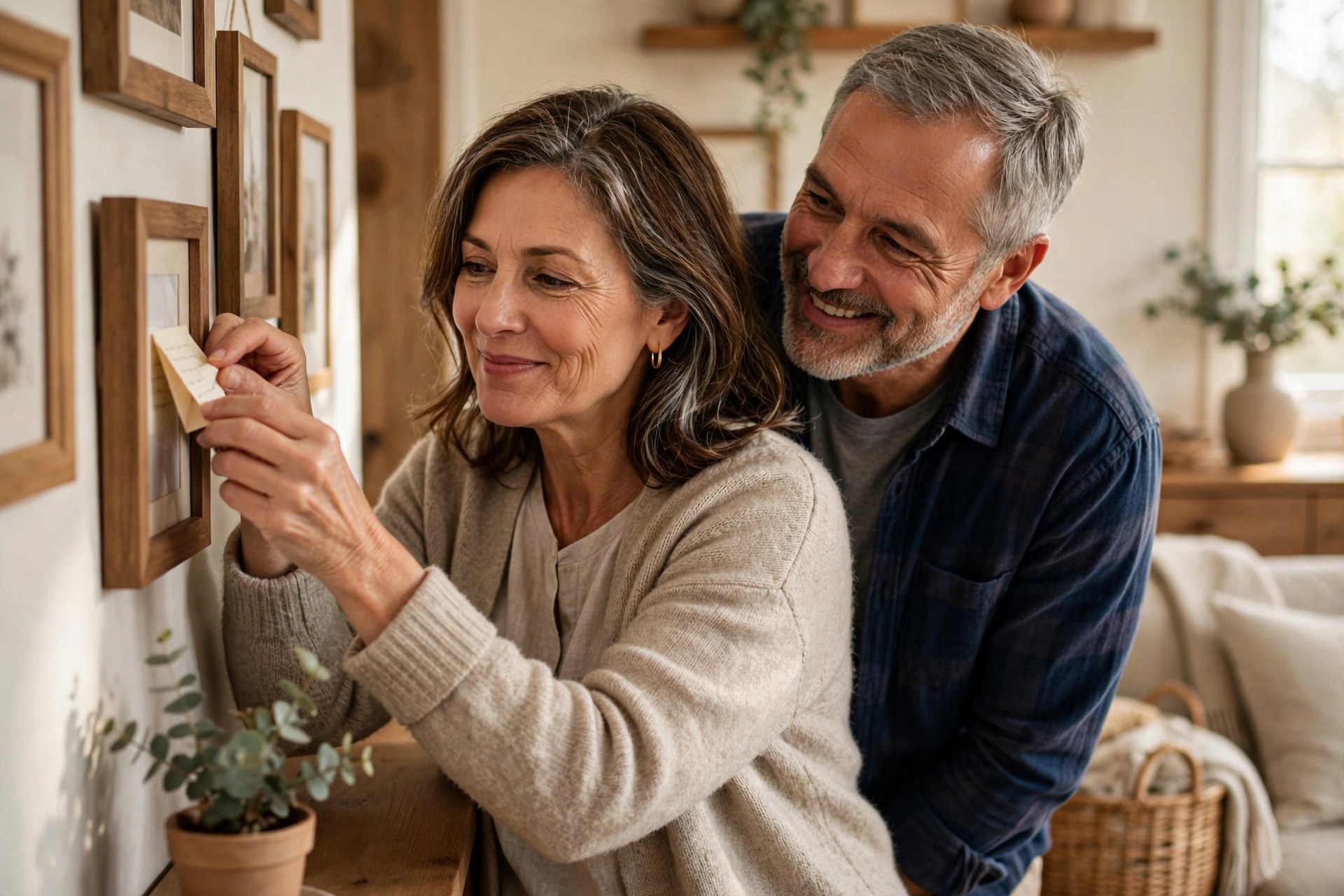 Mature married couple hiding love notes around their home