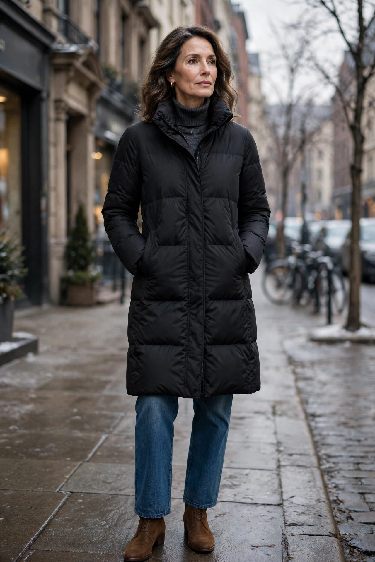 Woman over 50 in black matte knee length puffer jacket with jeans and ankle boots
