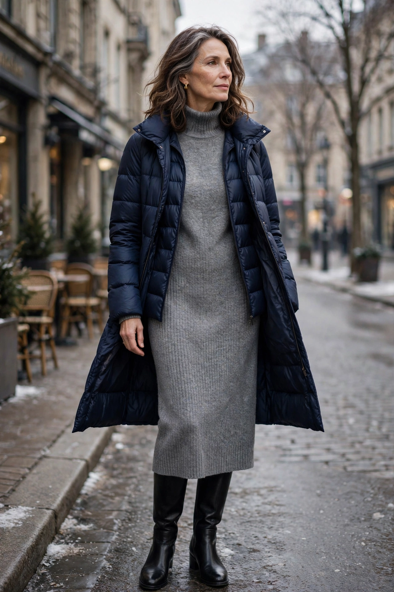 Woman over 50 in navy puffer jacket over gray knit dress with knee high boots