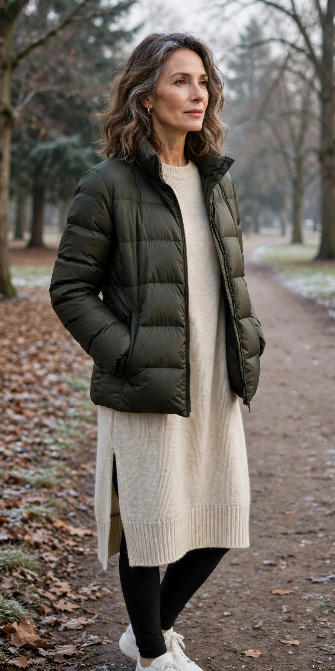 Woman over 50 in olive puffer jacket with leggings and long tunic