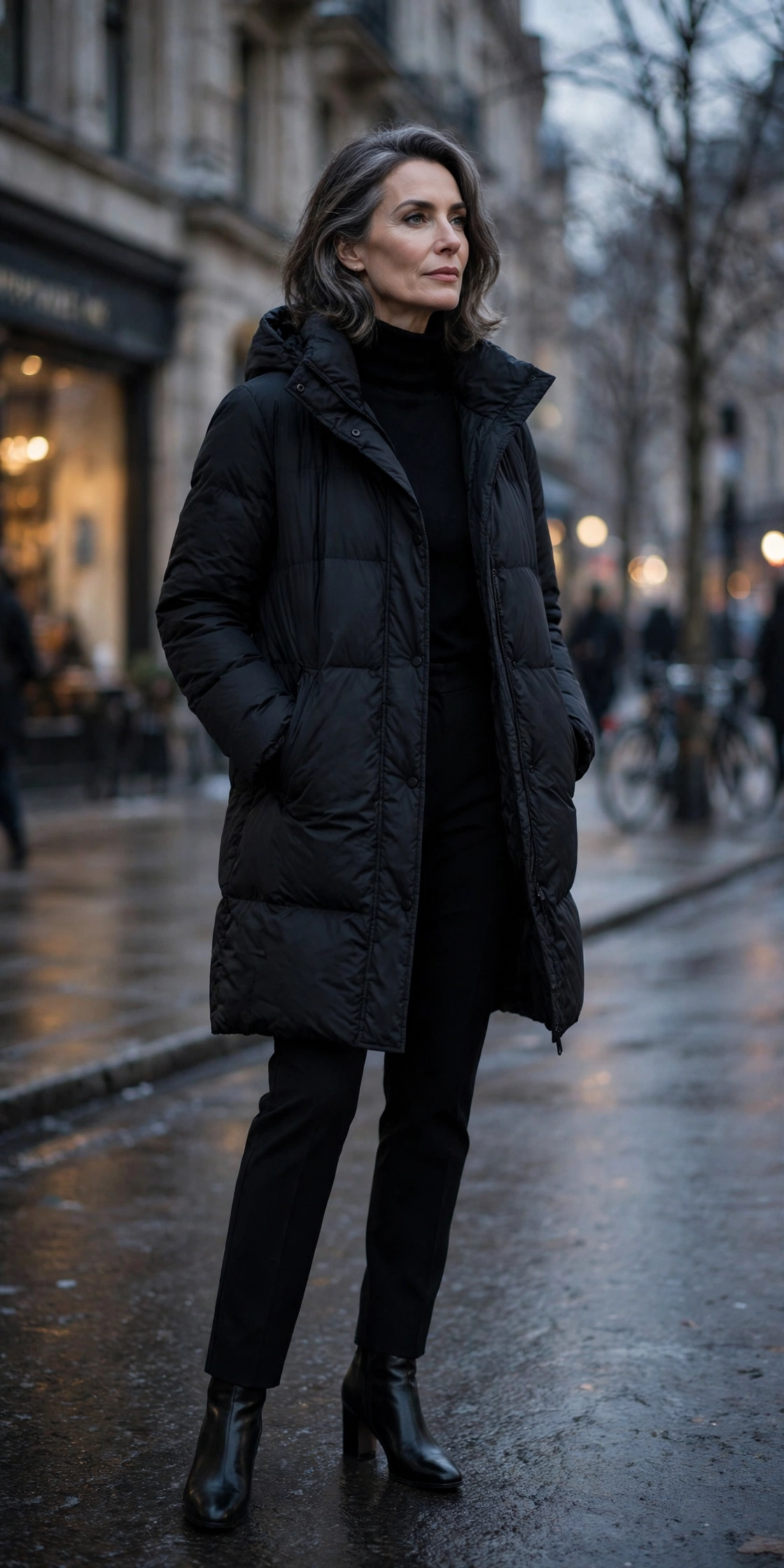 Woman over 50 in all black outfit with matte black puffer coat