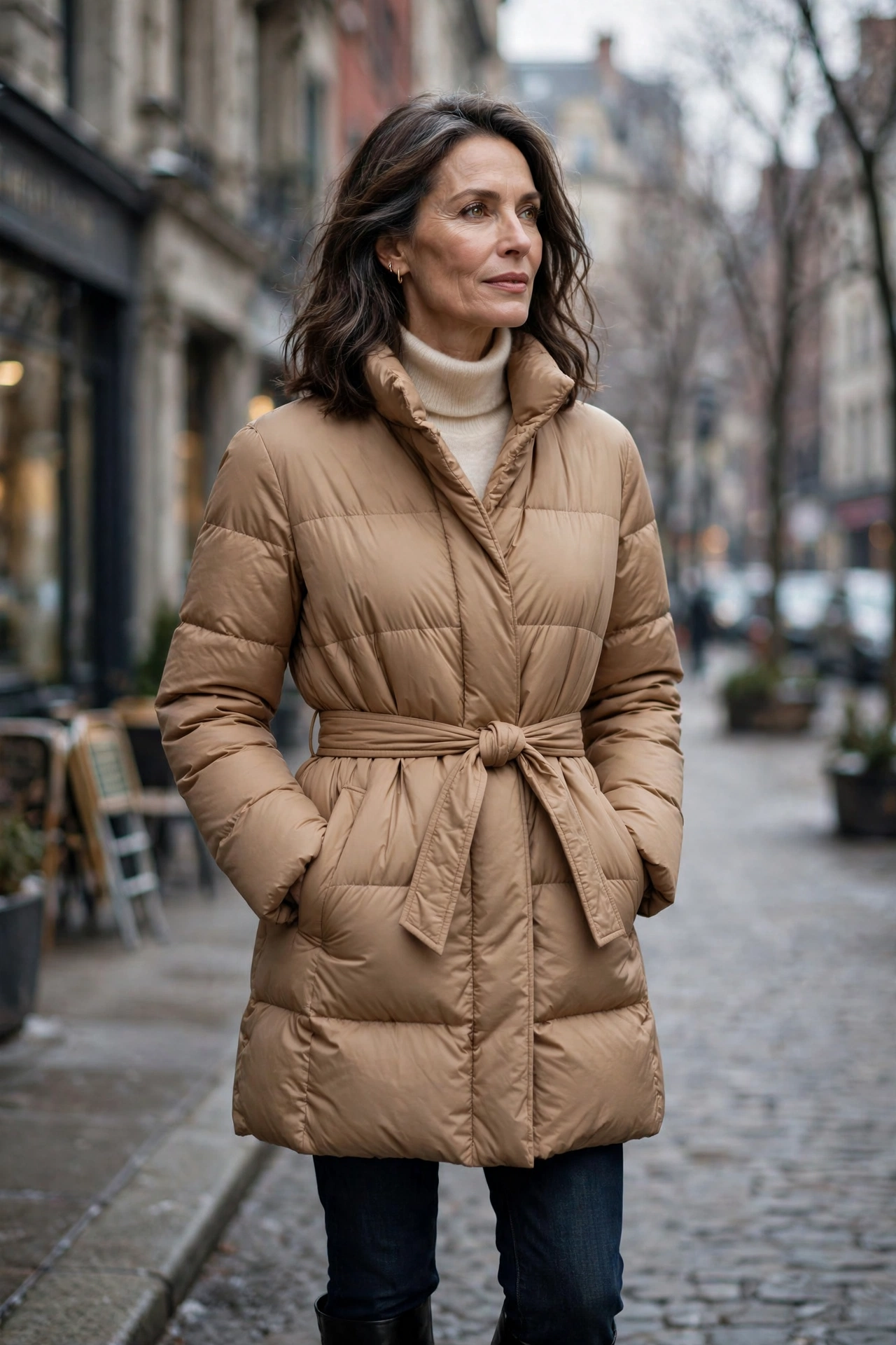 Woman over 50 in camel belted puffer coat with cream turtleneck
