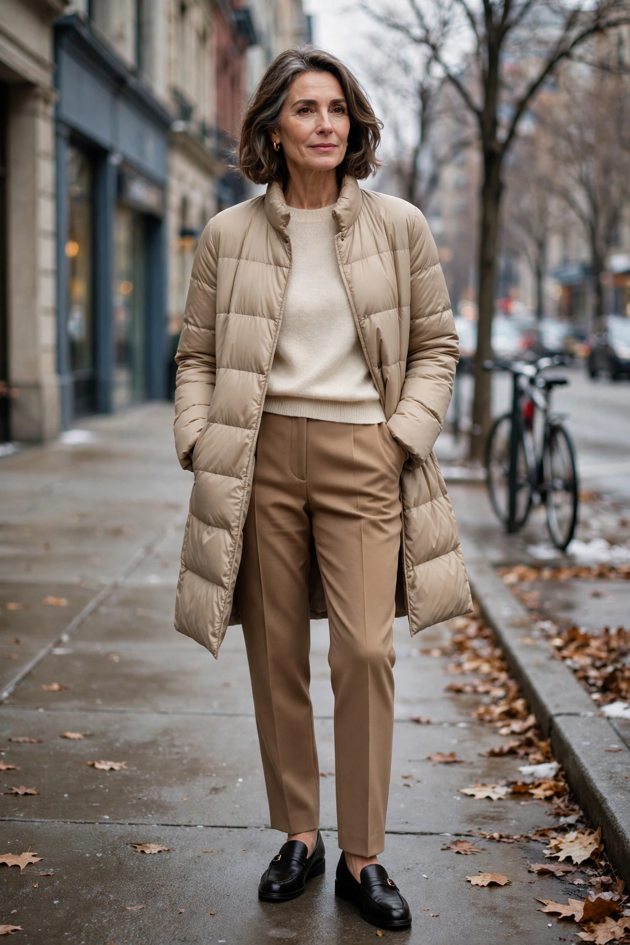 Woman over 50 in beige puffer coat over tailored trousers for work
