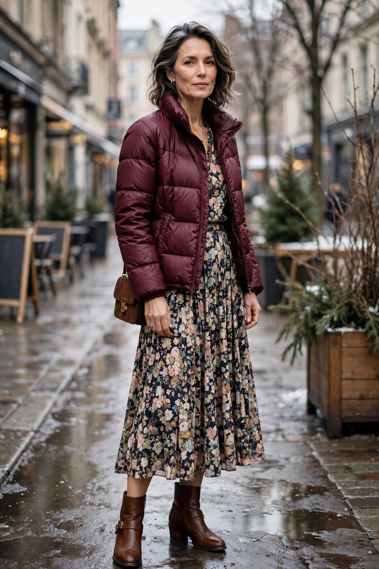 Woman over 50 in burgundy puffer jacket over floral midi skirt