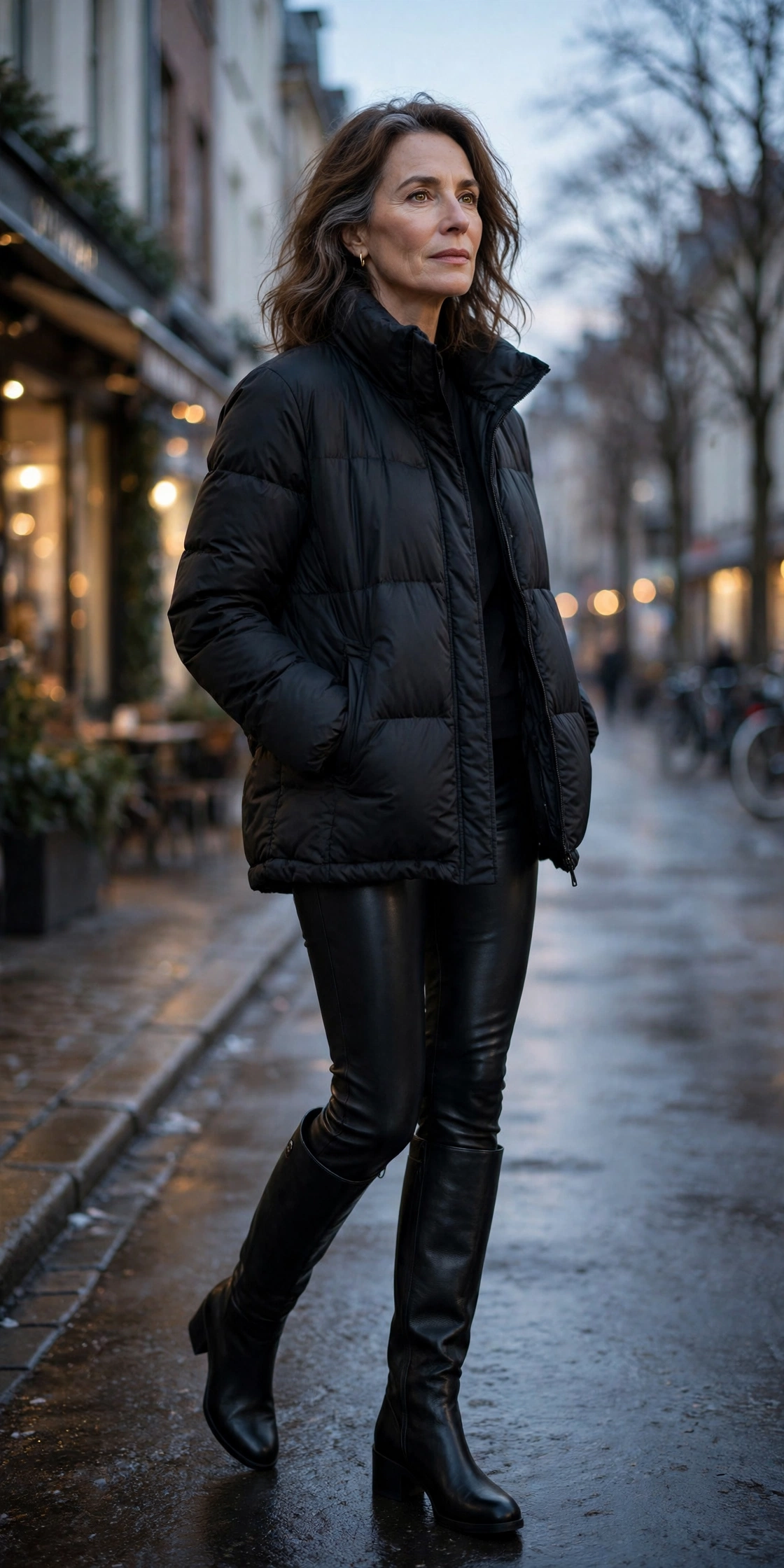 Woman over 50 in black puffer jacket with faux leather leggings