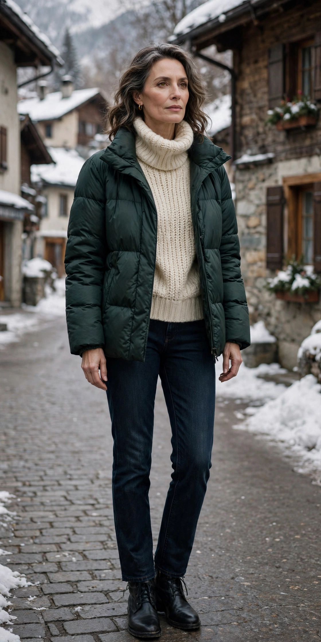 Woman over 50 in green puffer jacket with chunky turtleneck and denim