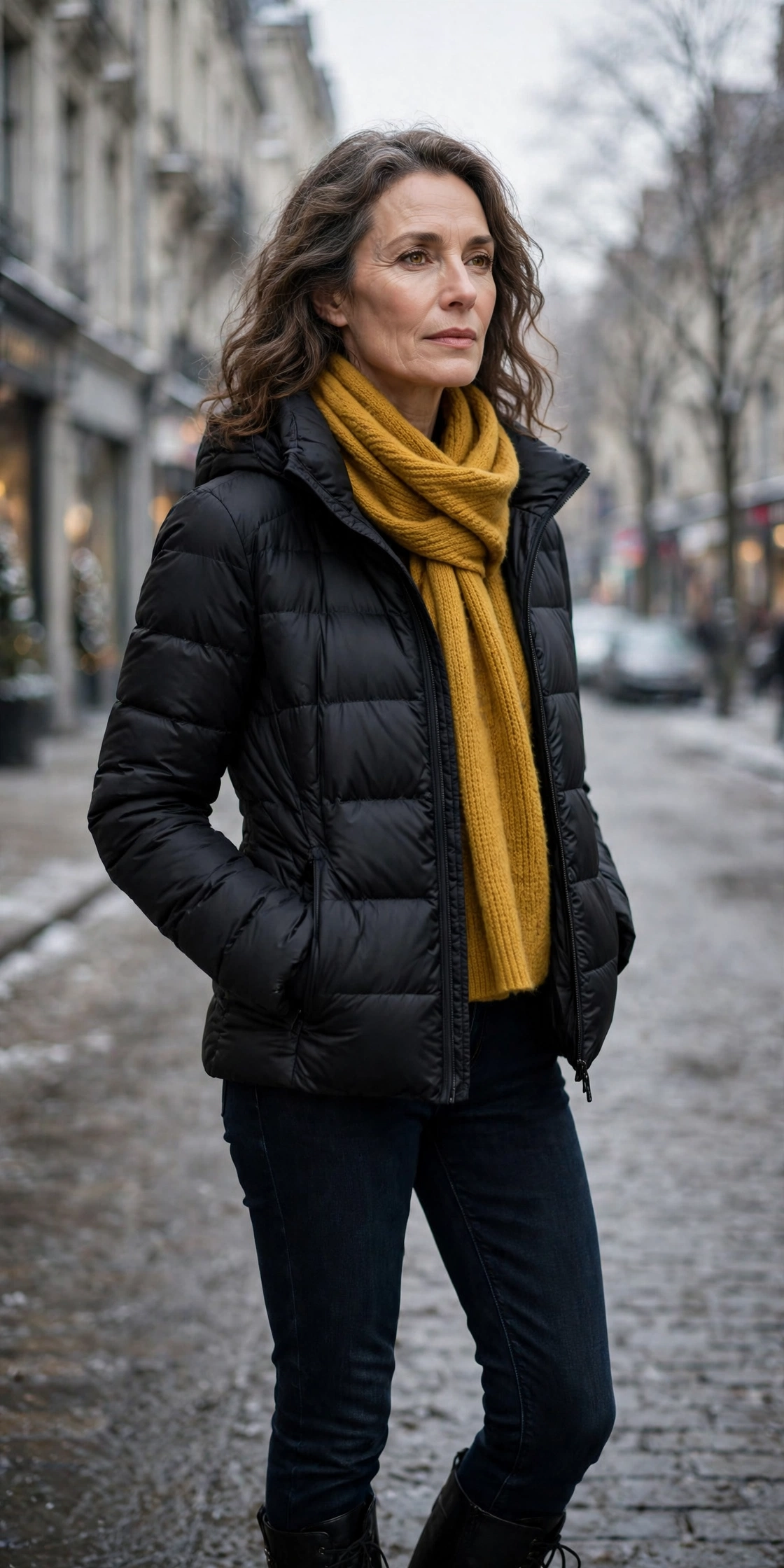 Woman over 50 in black puffer jacket with mustard yellow scarf