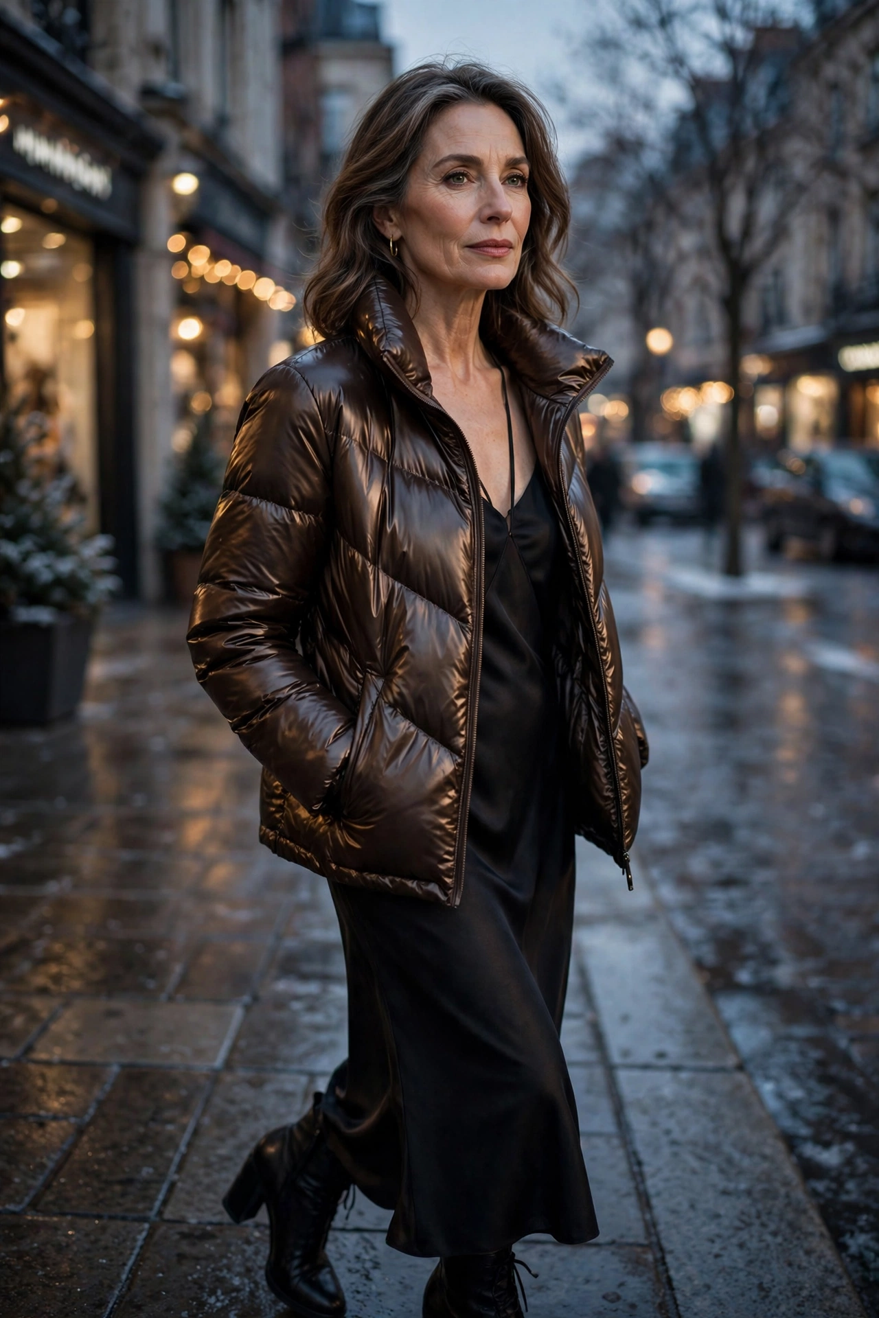 Woman over 50 in bronze puffer jacket over black slip dress evening